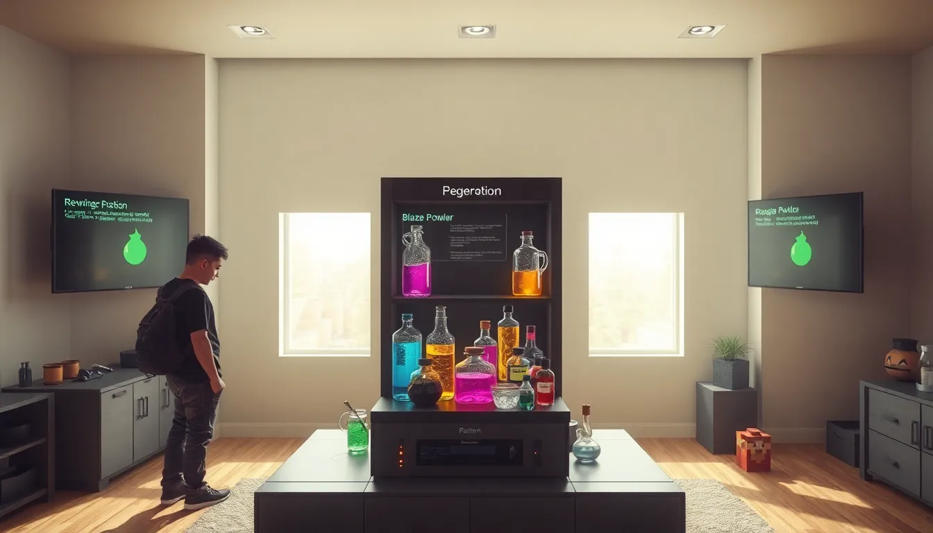 gamer brewing potions in a modern Minecraft-inspired setup.