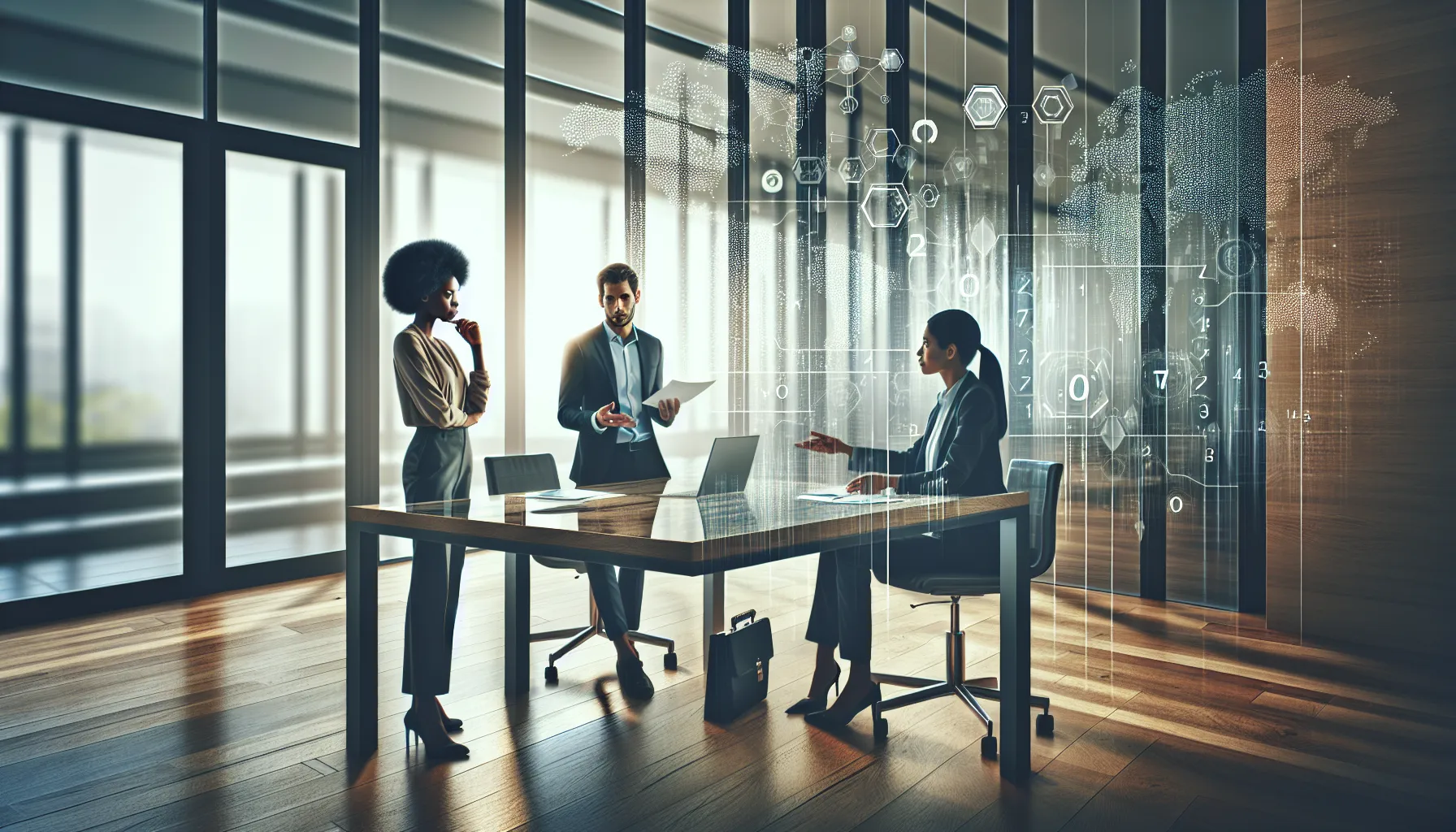 diverse professionals discussing data in a modern office setting.