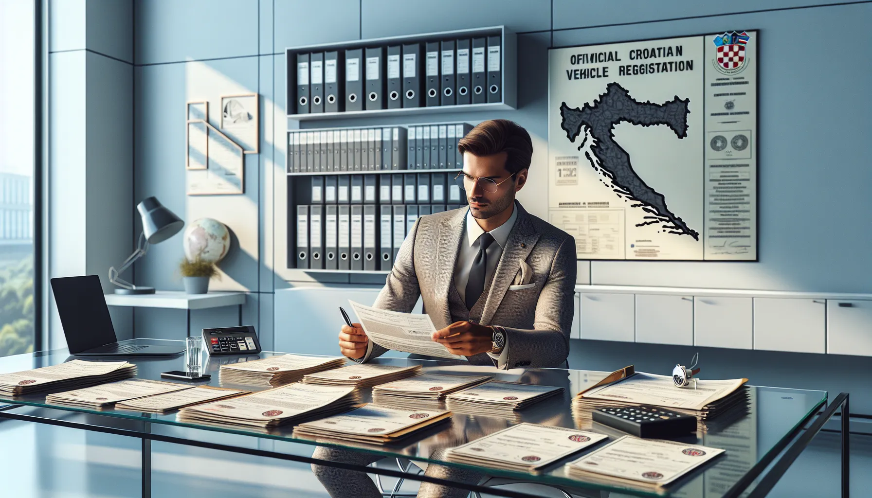 Professional reviewing vehicle registration documents at modern office desk in Croatia