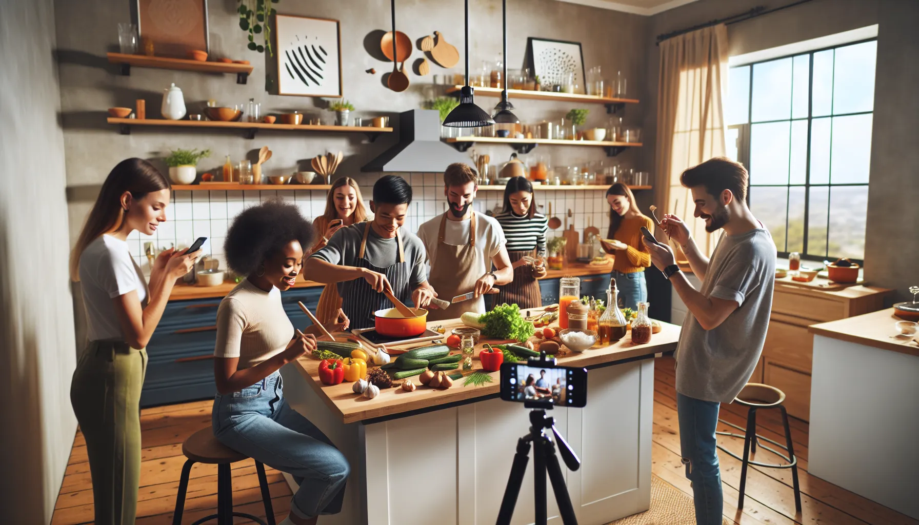 diverse group cooking together in a modern kitchen.