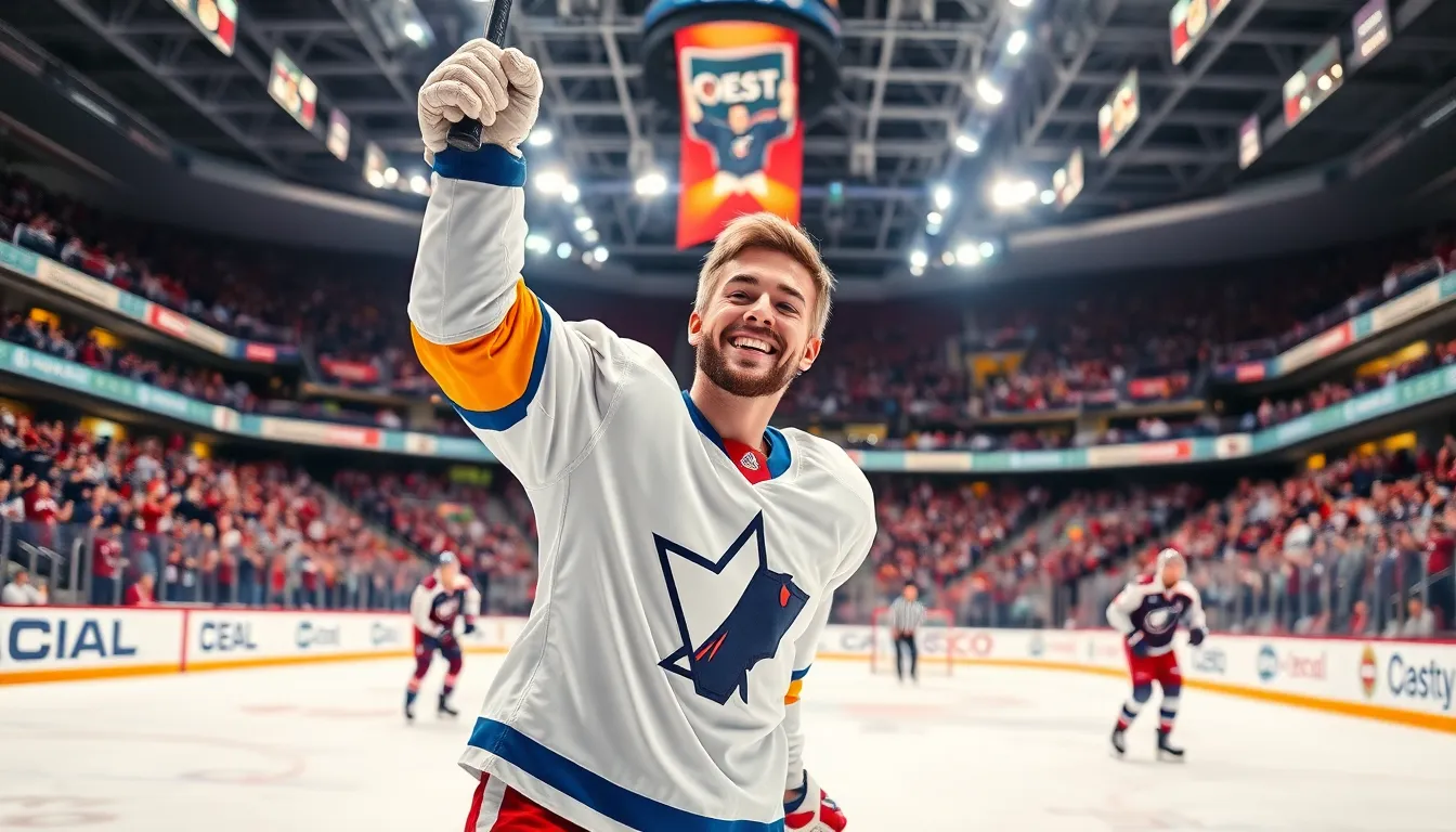a young hockey player celebrating a goal in a packed arena.