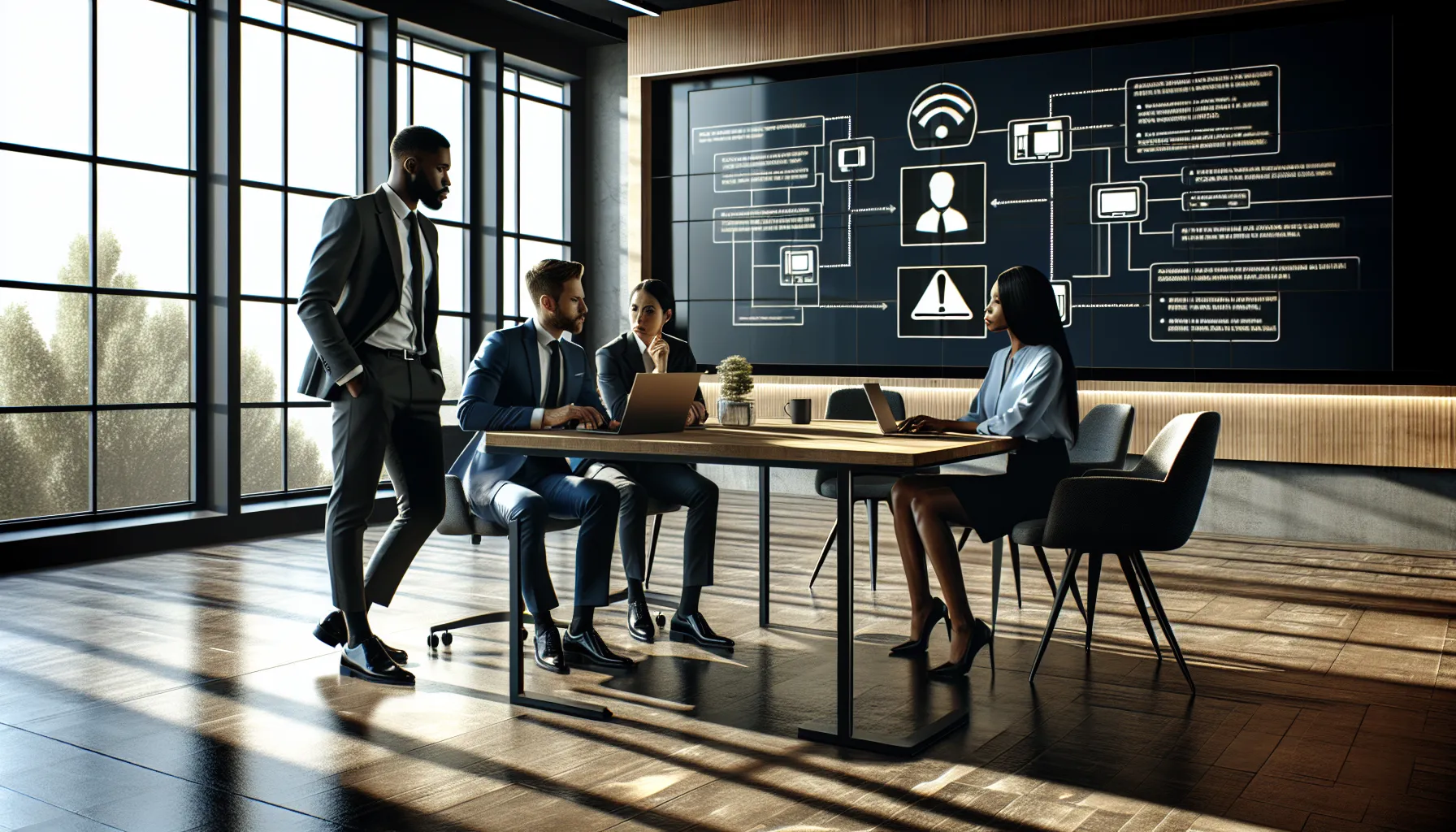 professionals discussing safety protocols in a modern office setting.