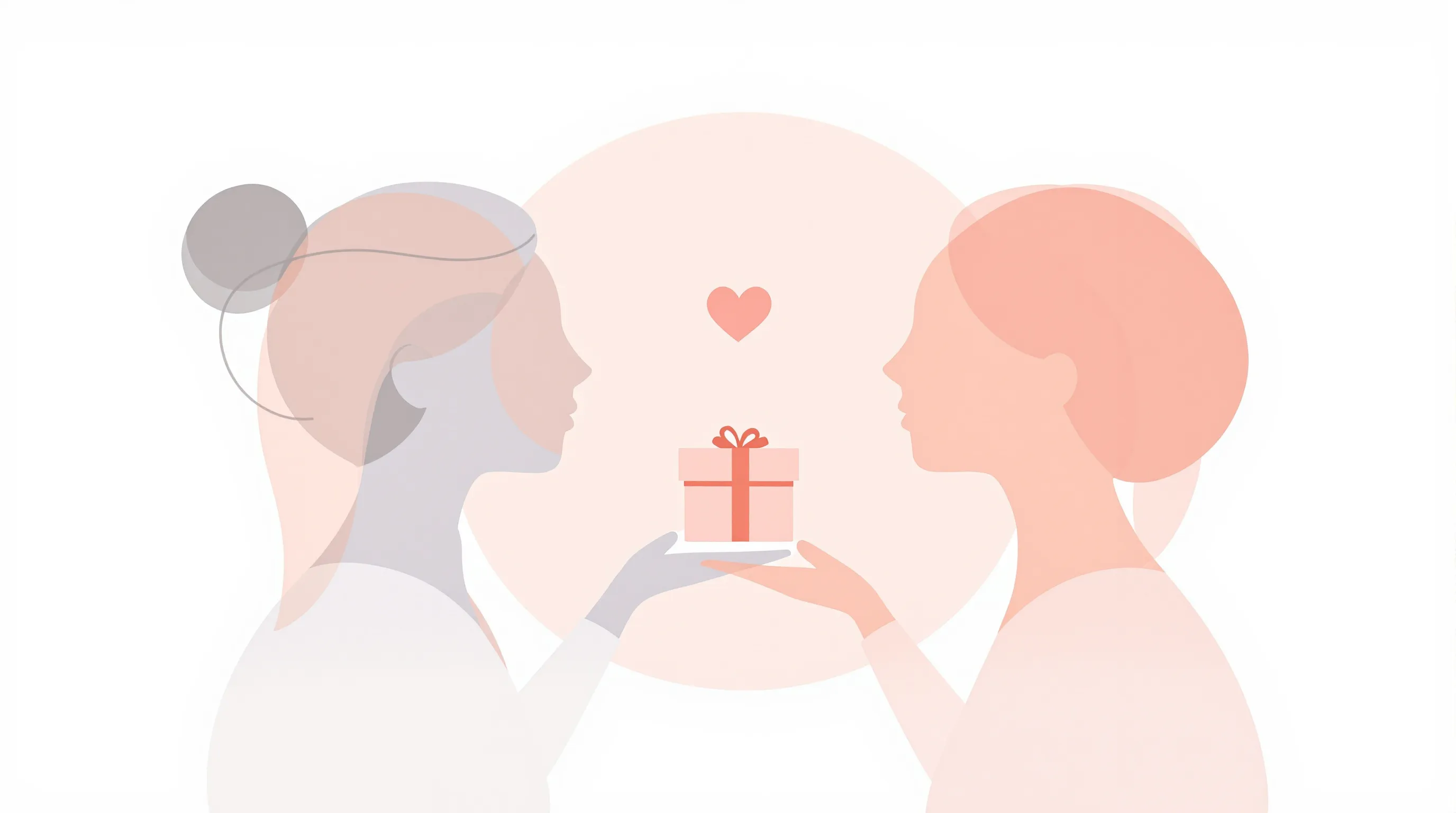 Two simplified figures exchanging a gift with a heart symbol between them.