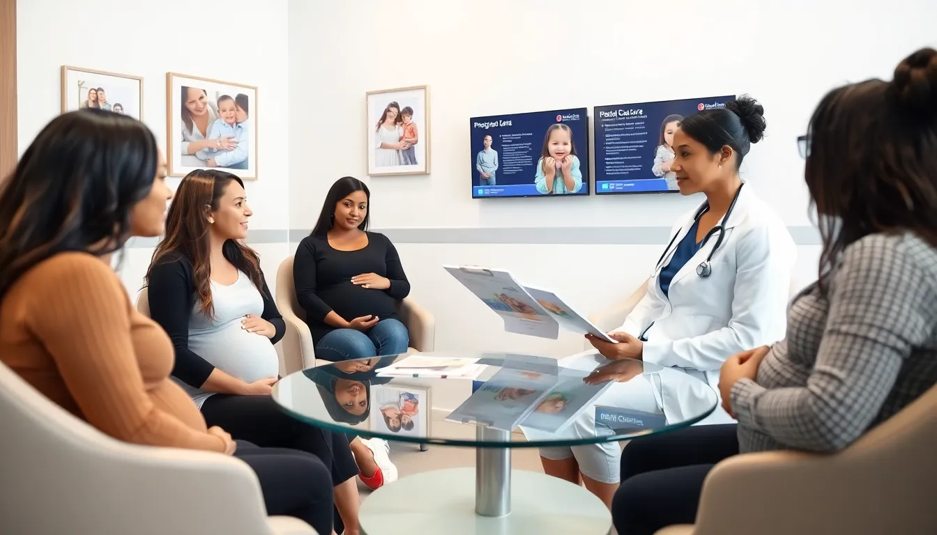 healthcare professional discussing prenatal care with expecting mothers.