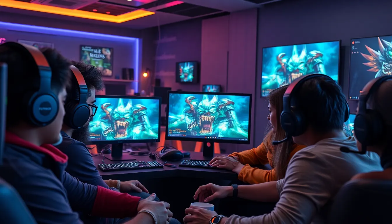 diverse gamers collaborating in a modern gaming setup.
