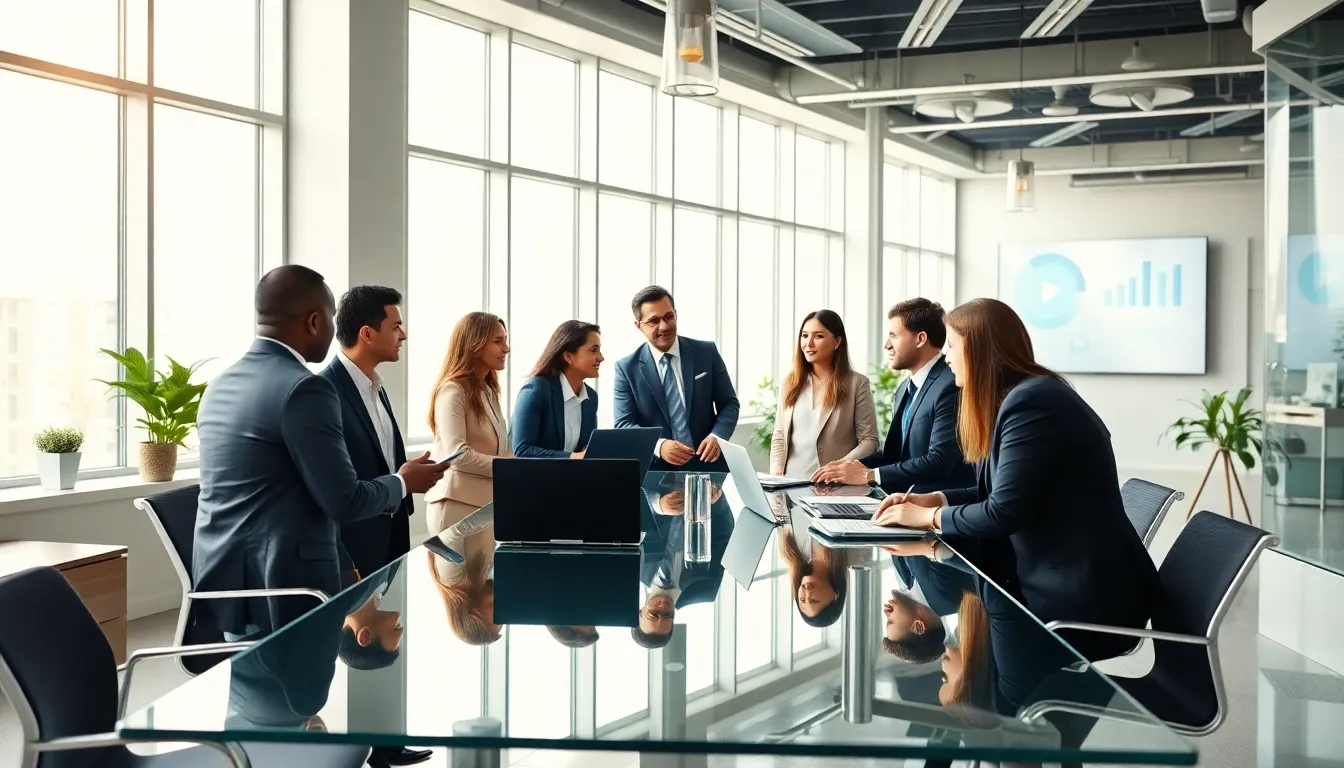 diverse professionals discussing in a modern office setting.