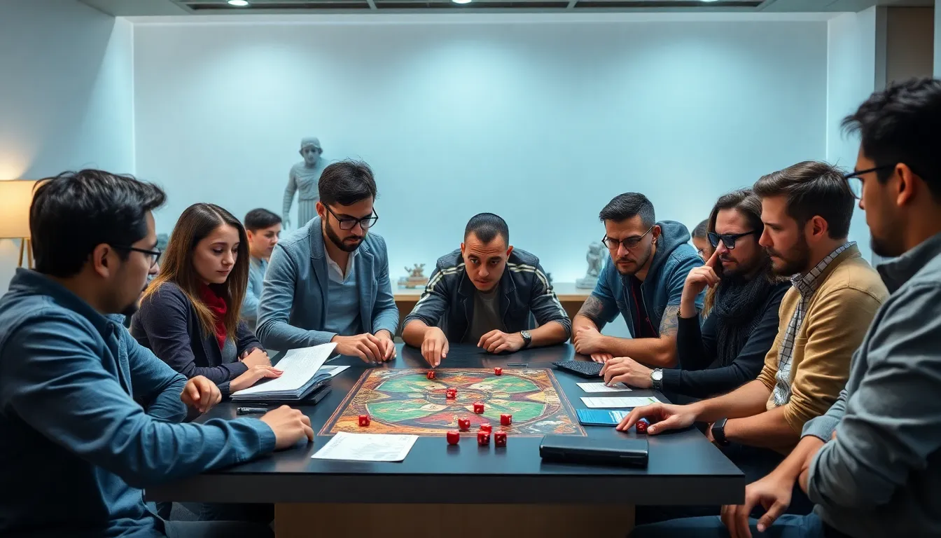 diverse group of gamers playing Dungeons & Dragons at a modern table.