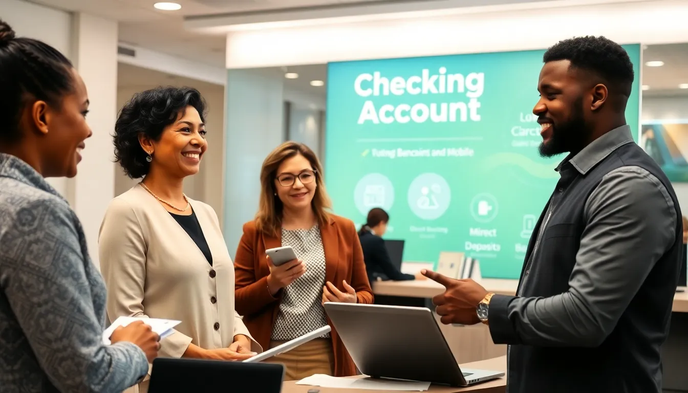 diverse group discussing checking accounts in a modern banking setting.