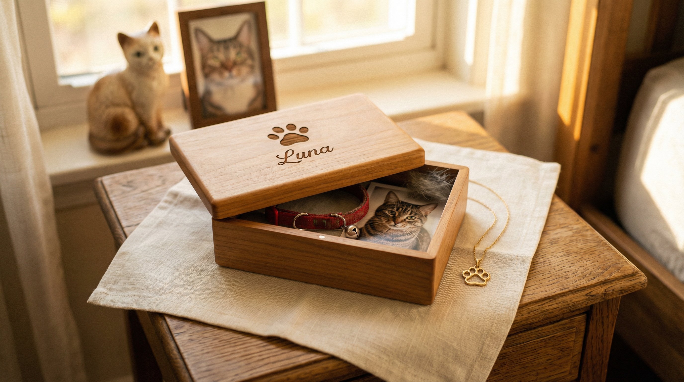 Engraved wooden memory box with cat collar, necklace, and photo keepsakes.
