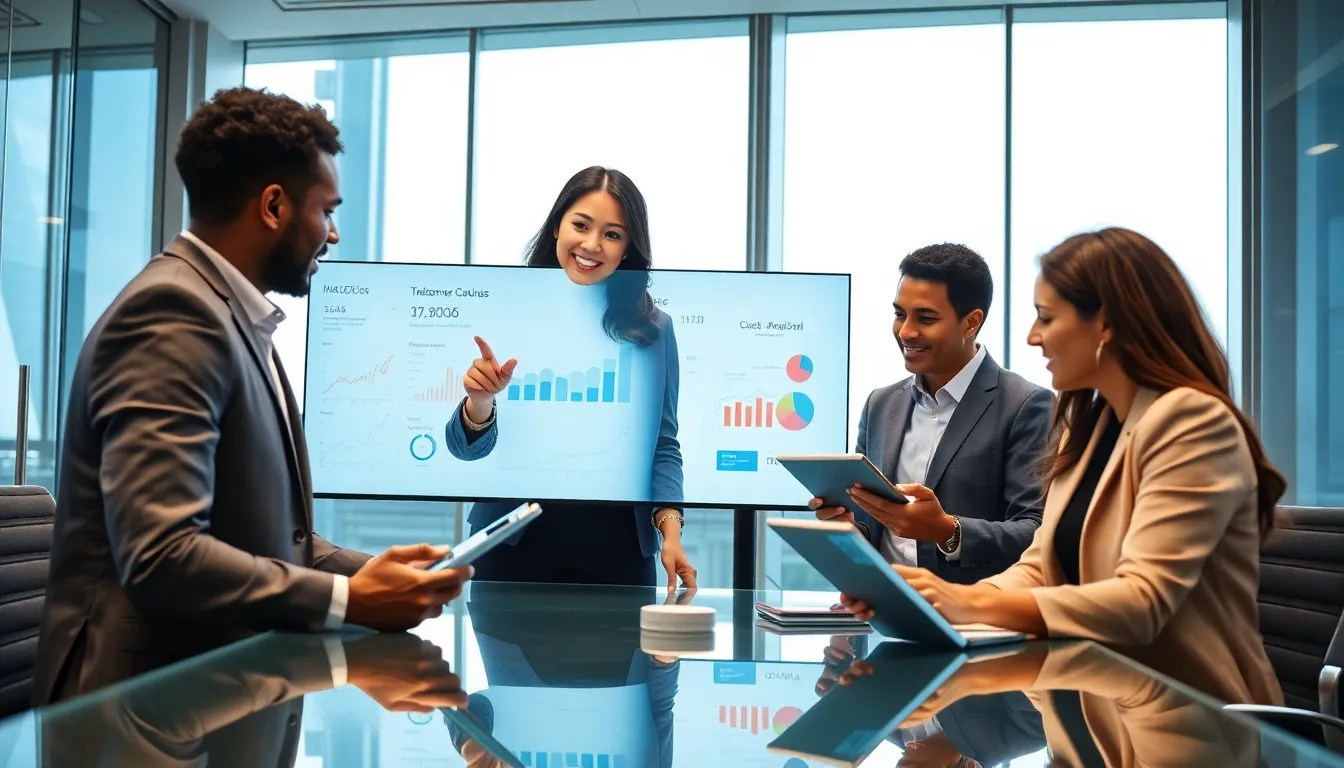 diverse team discussing telecommunications data in a modern office.