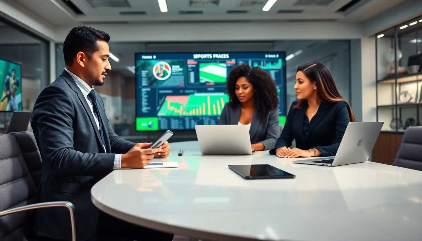 diverse team discussing sports updates in a modern office.
