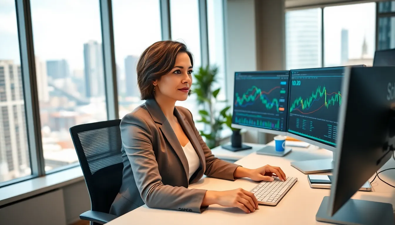 Stacy Klinger at a modern workstation, reviewing Bitclassic's performance.