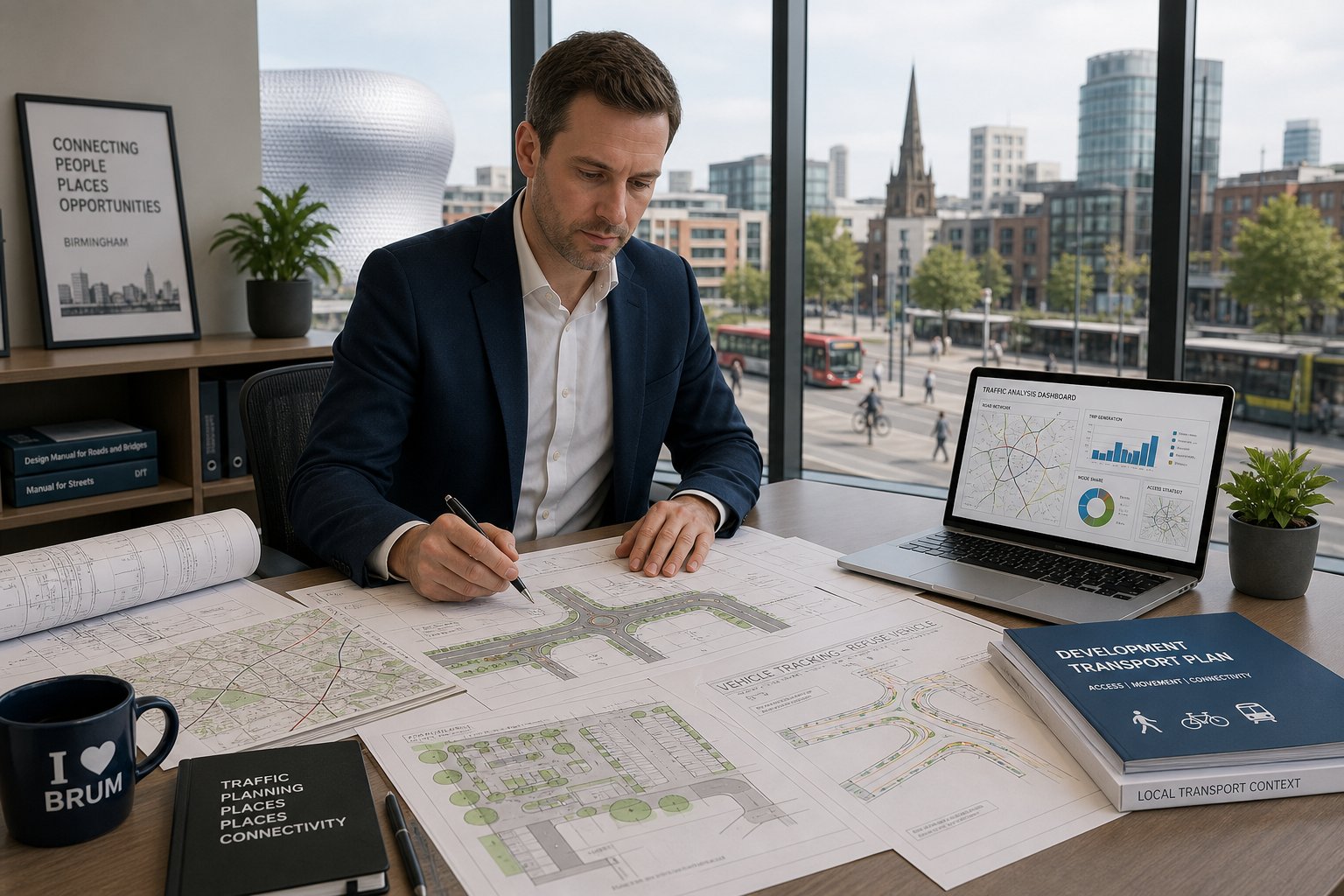 Traffic engineer reviewing development transport plans in a modern Birmingham office.