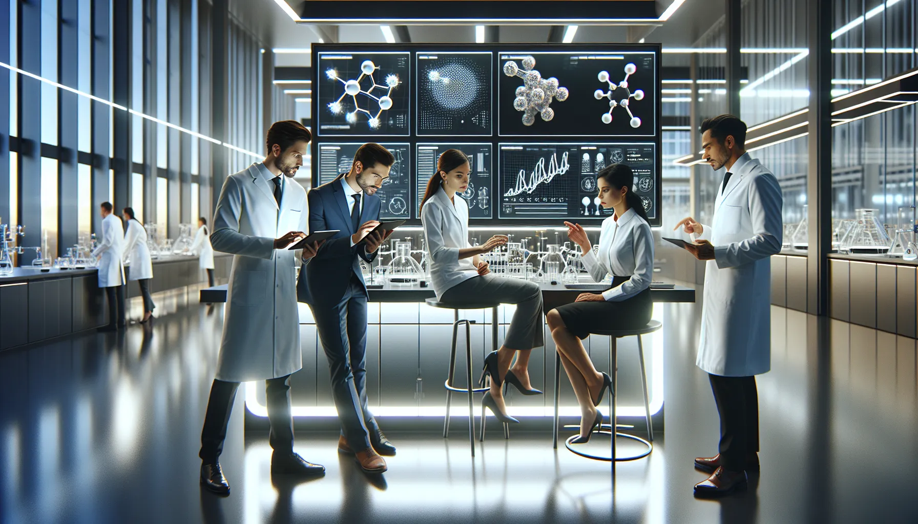 diverse team discussing Uchtinaypif chemical in a modern lab setting.