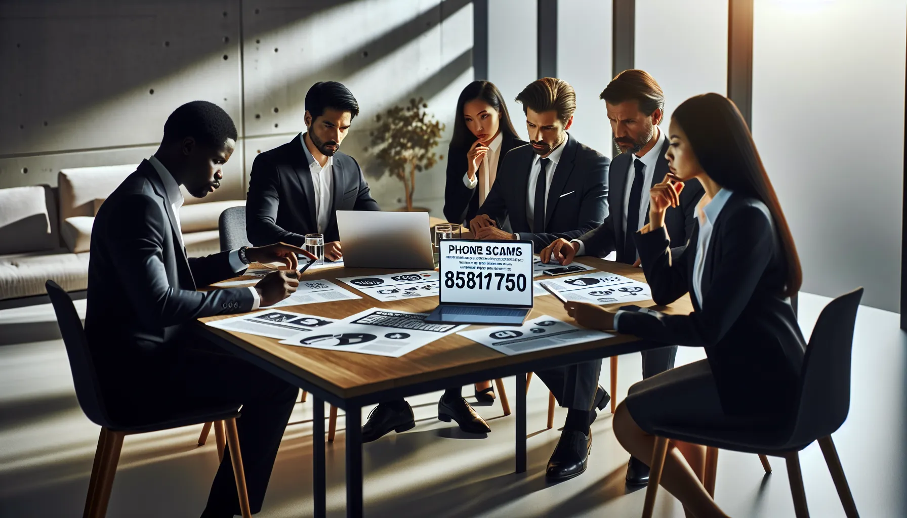 diverse professionals discussing phone scams in a modern office.