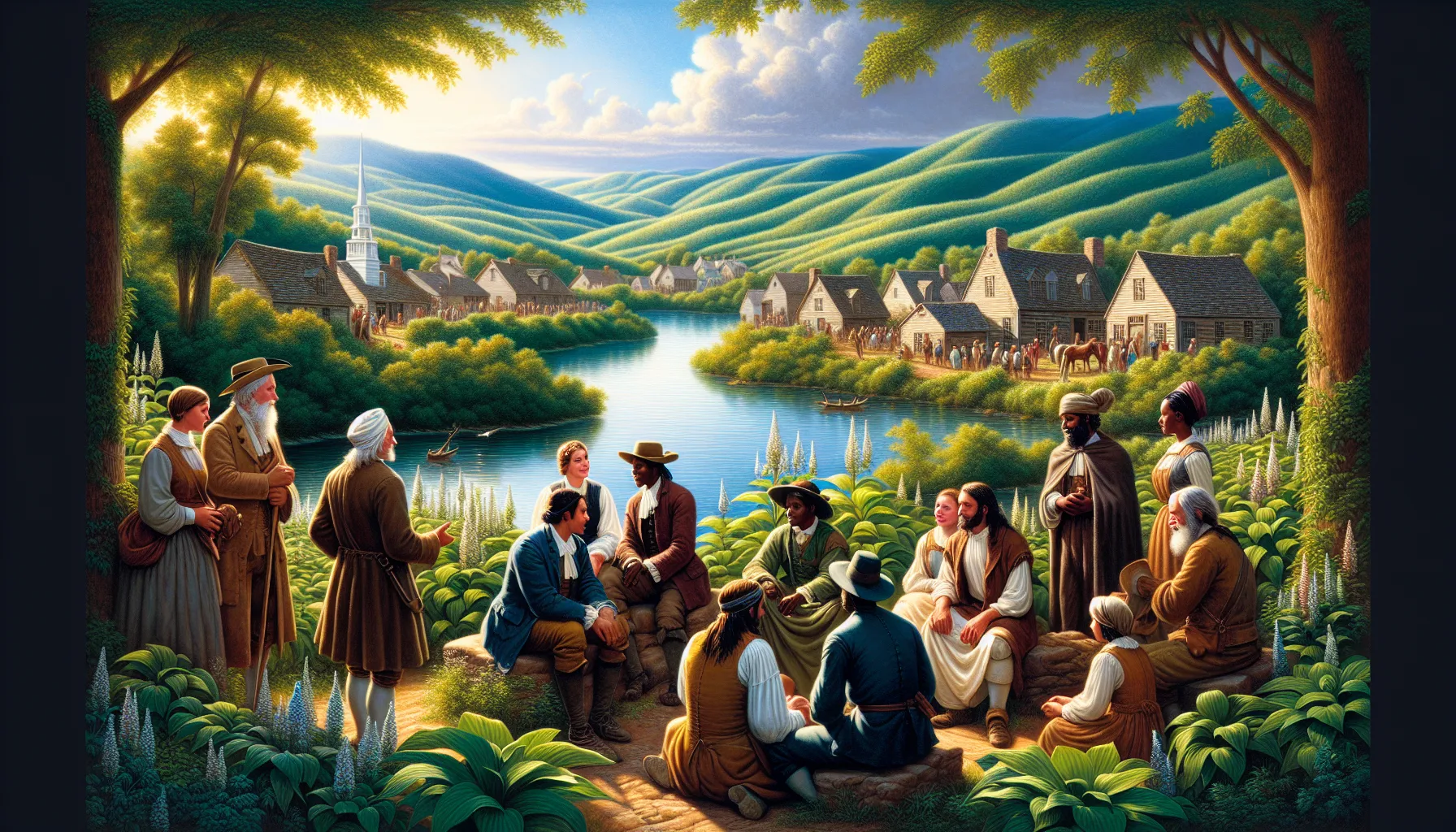early settlers in a scenic landscape representing Hollcaswell's origins.