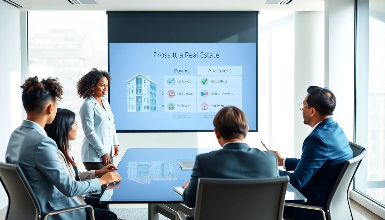professionals discussing buying a condo versus renting an apartment.