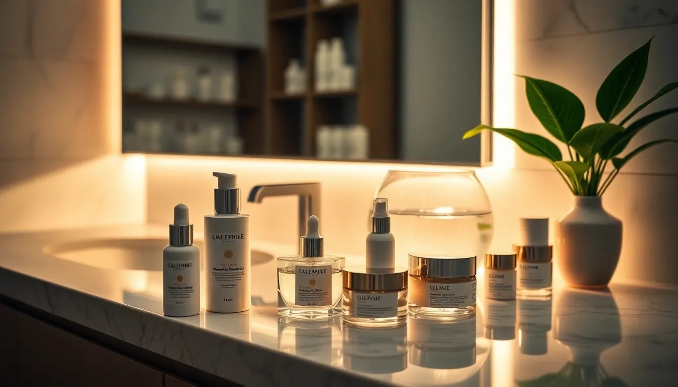 sleek bathroom counter with skincare products at night.