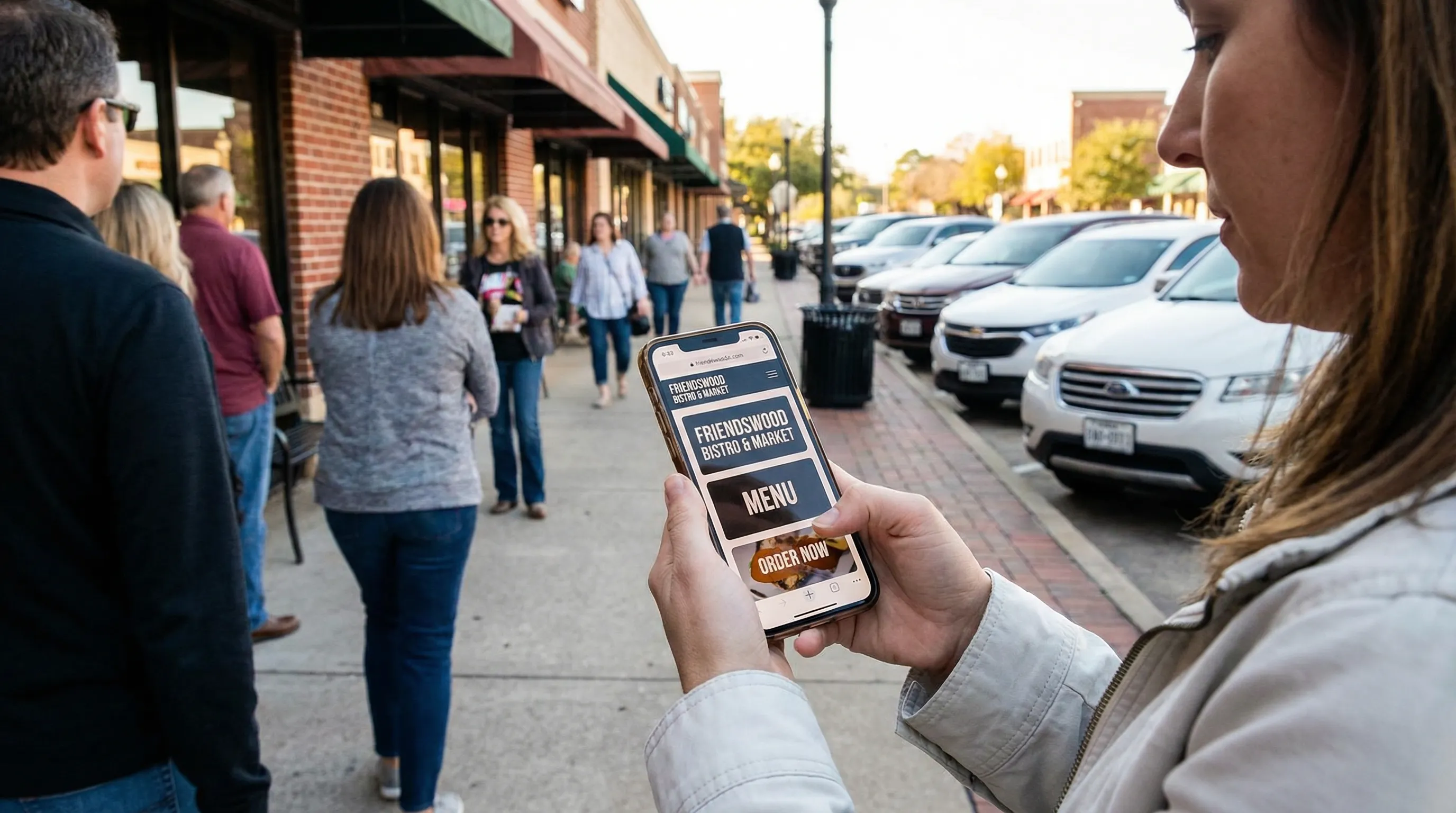 Person on a Friendswood sidewalk viewing a mobile-optimized local business website on their smartphone.