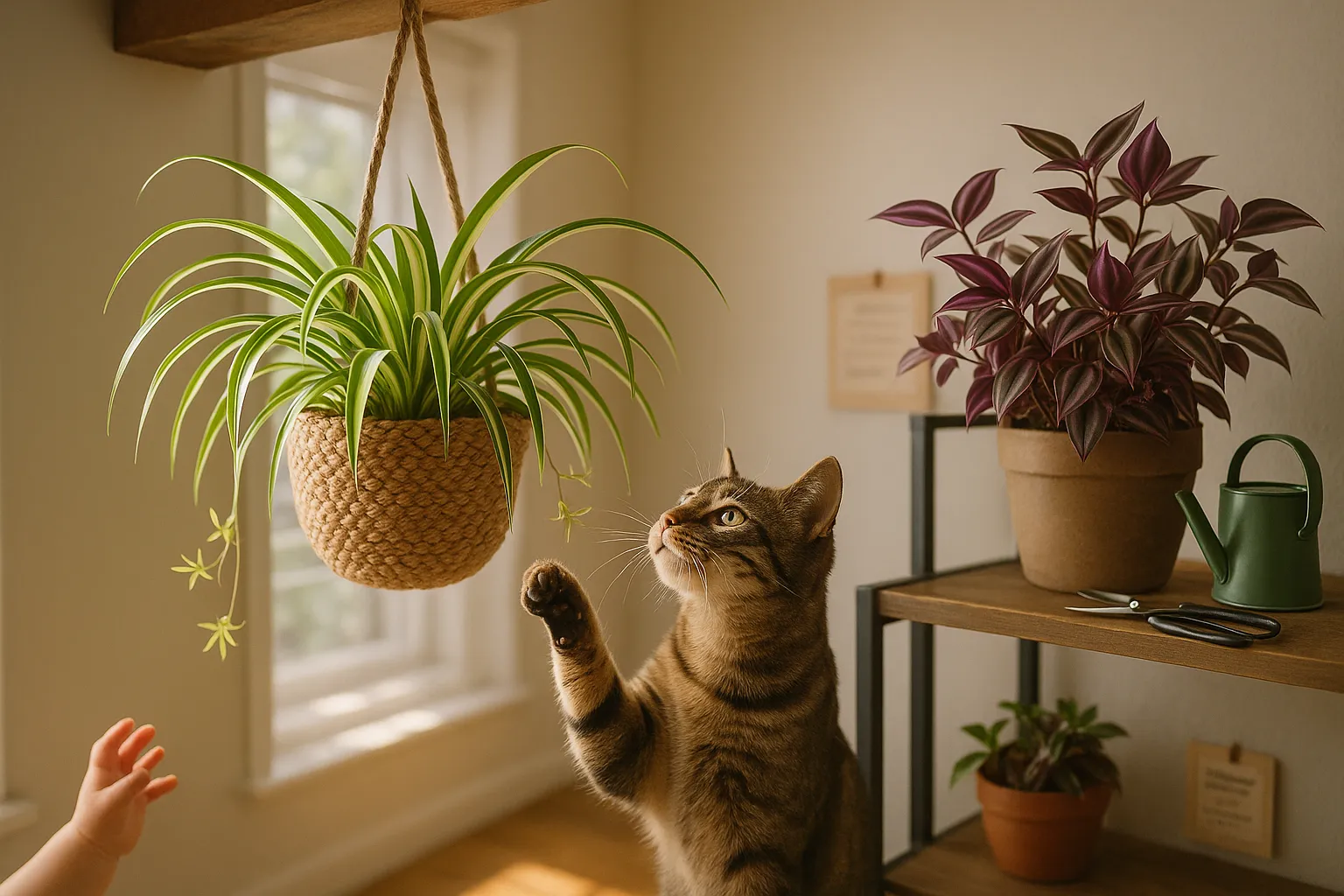 Spider plant hanging with spiderette, Tradescantia on shelf, cat reaching up.