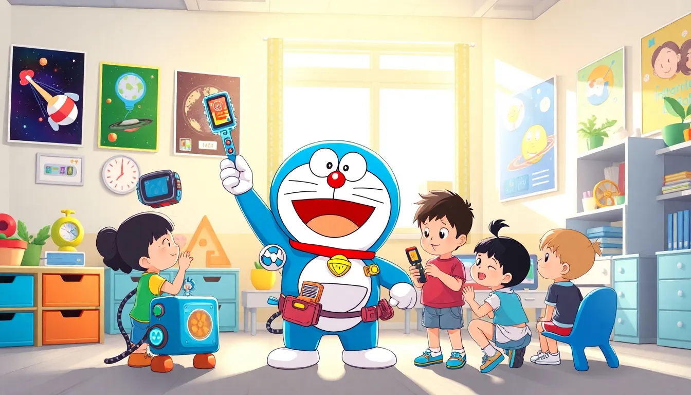 Doraemon showcasing his imaginative gadgets in a colorful children's room.