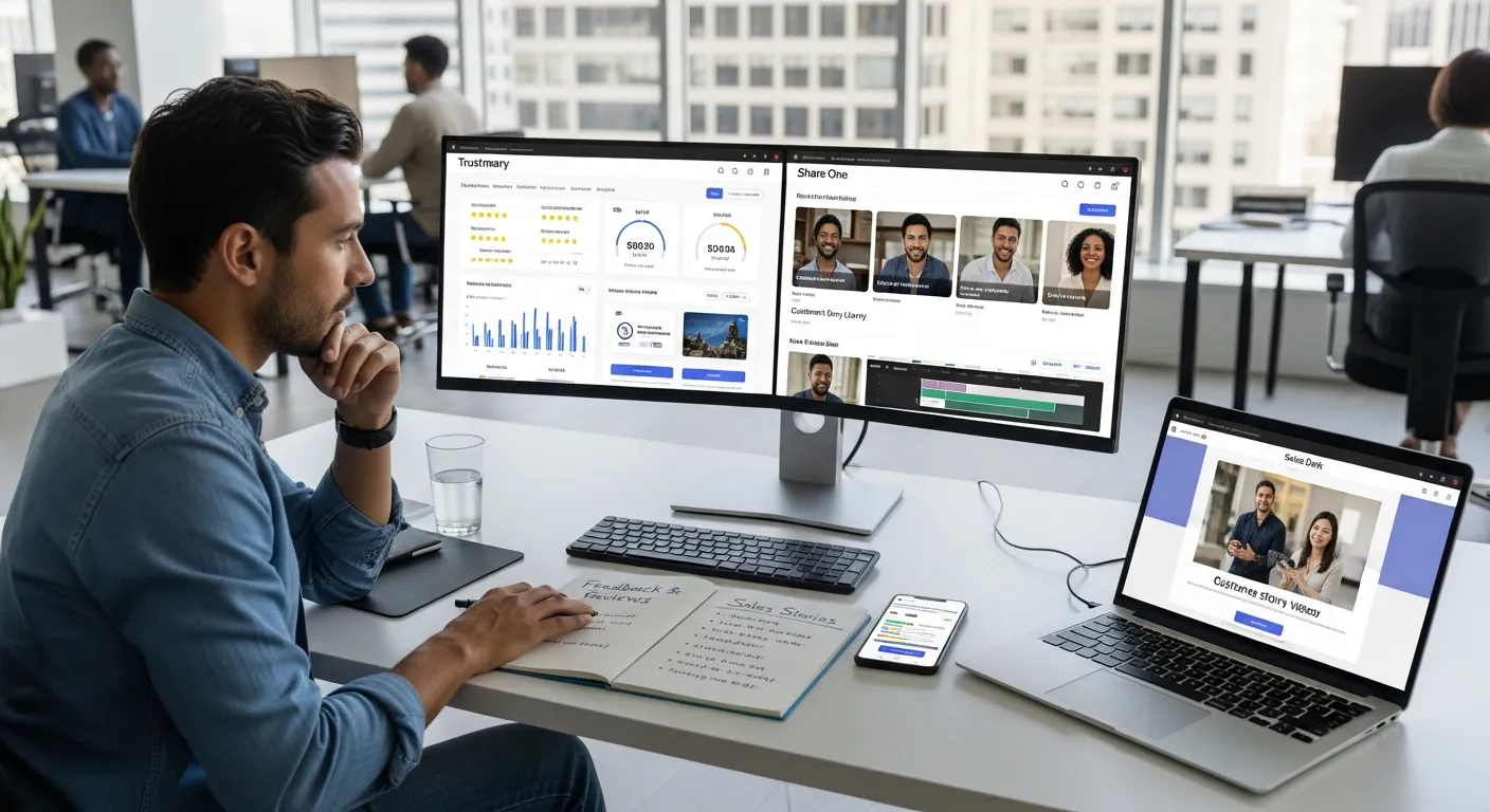 Marketer compares Trustmary reviews and Share One video stories on a dual dashboard screen.