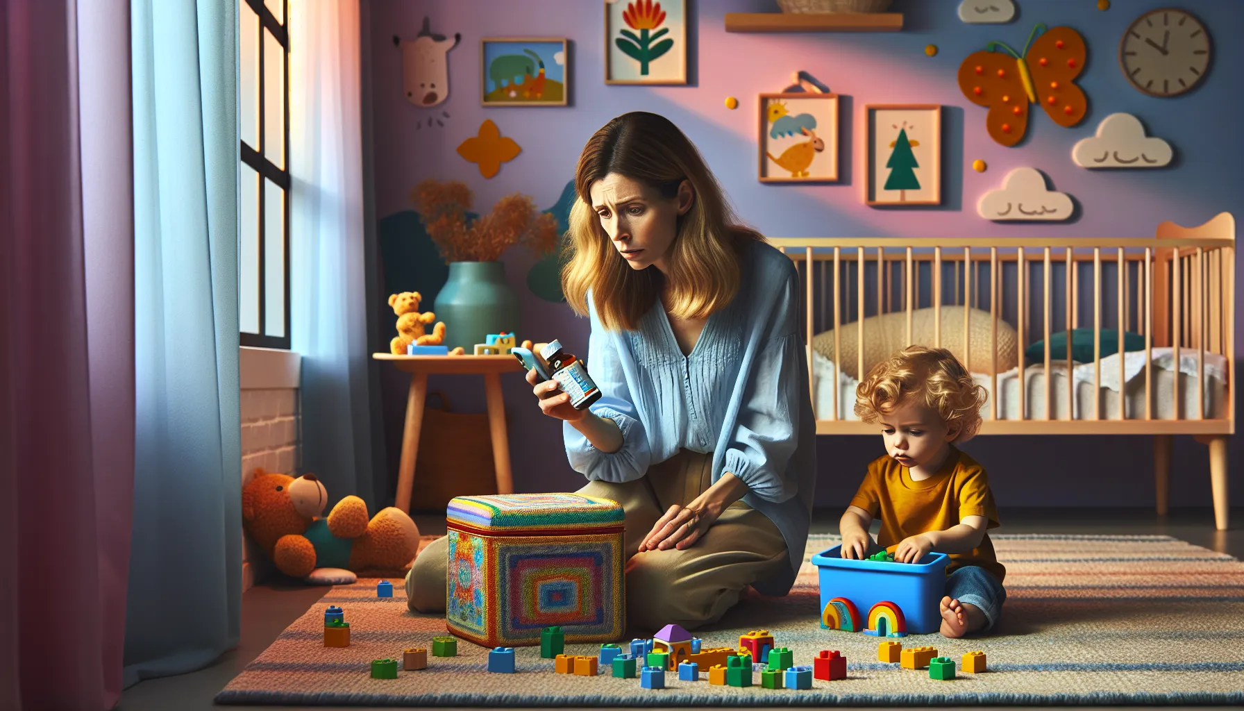 A mother consulting medication guidelines in a nursery with her child.