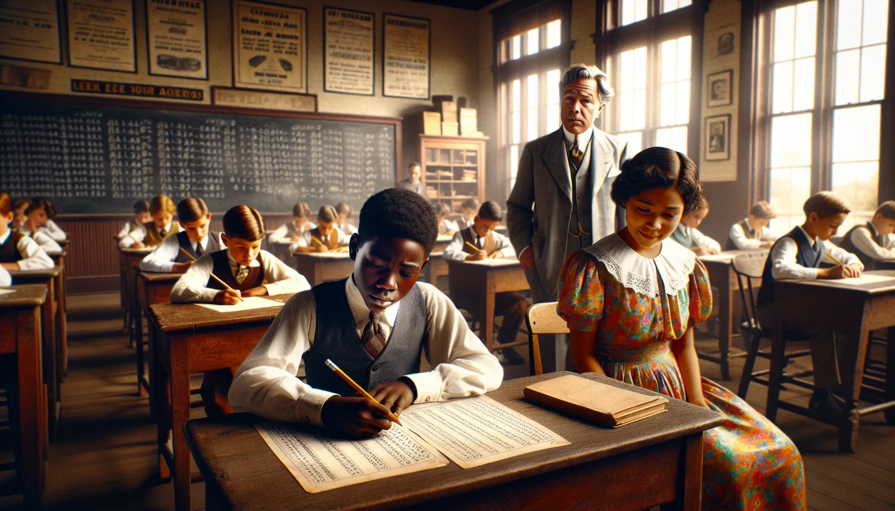 a 1930s classroom with children taking an intelligence test under a teacher's watchful eye.