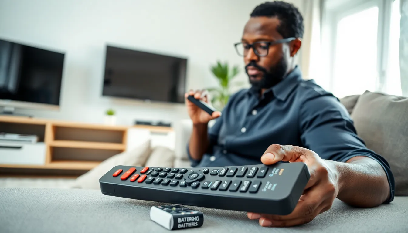 person checking a TV remote with new batteries in a bright living room.