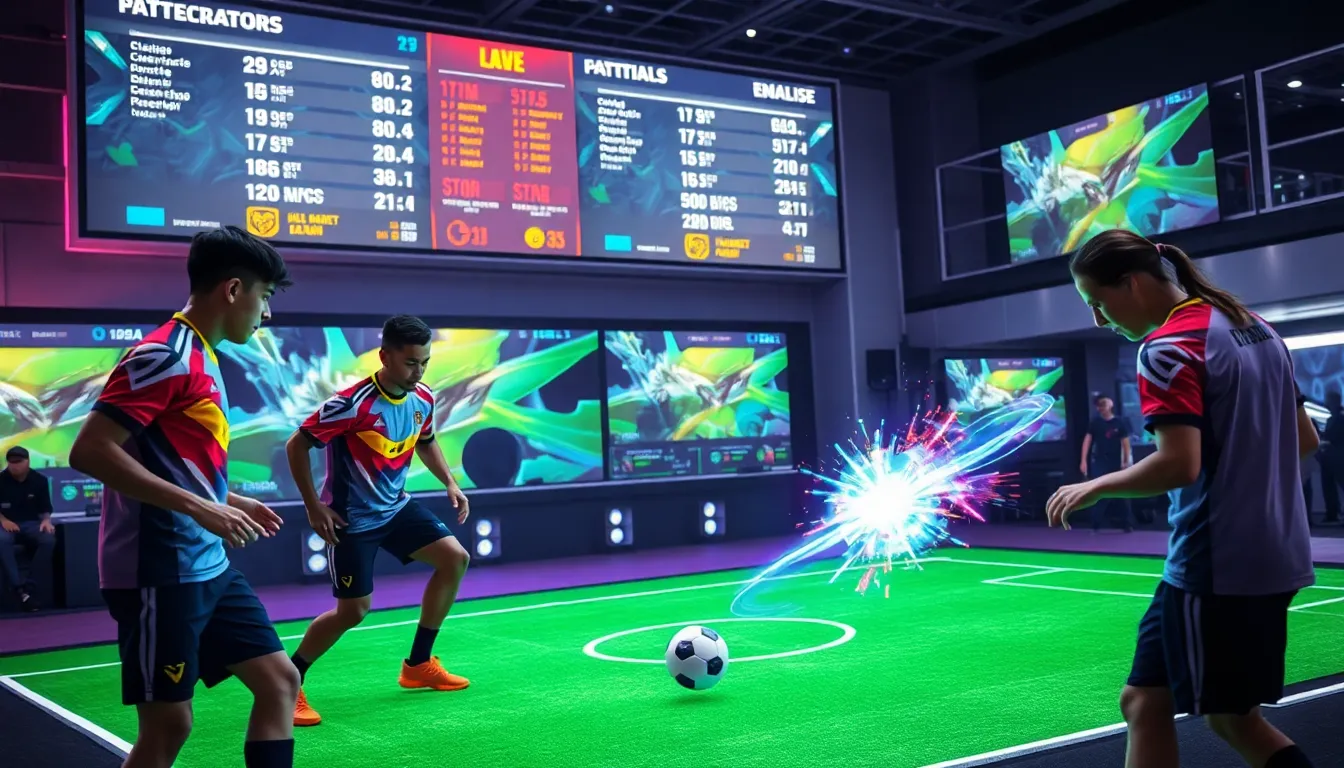 diverse players engaged in a futuristic MOBA soccer game.