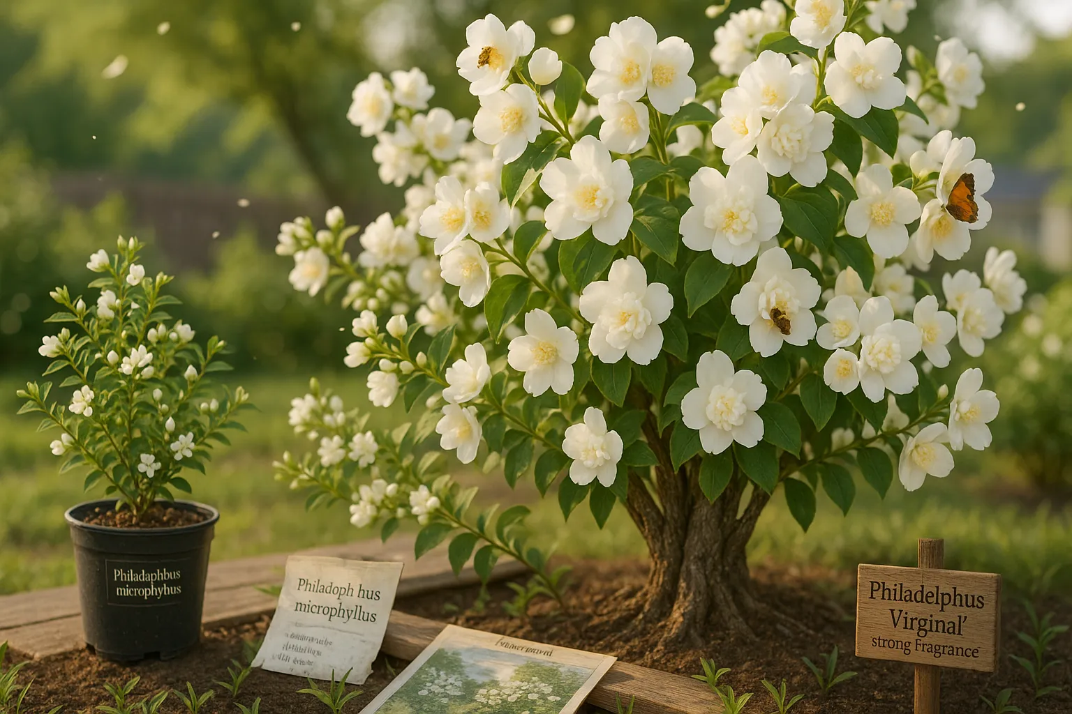 Blooming Philadelphus shrub with tags, bee, and smaller potted cultivar nearby.
