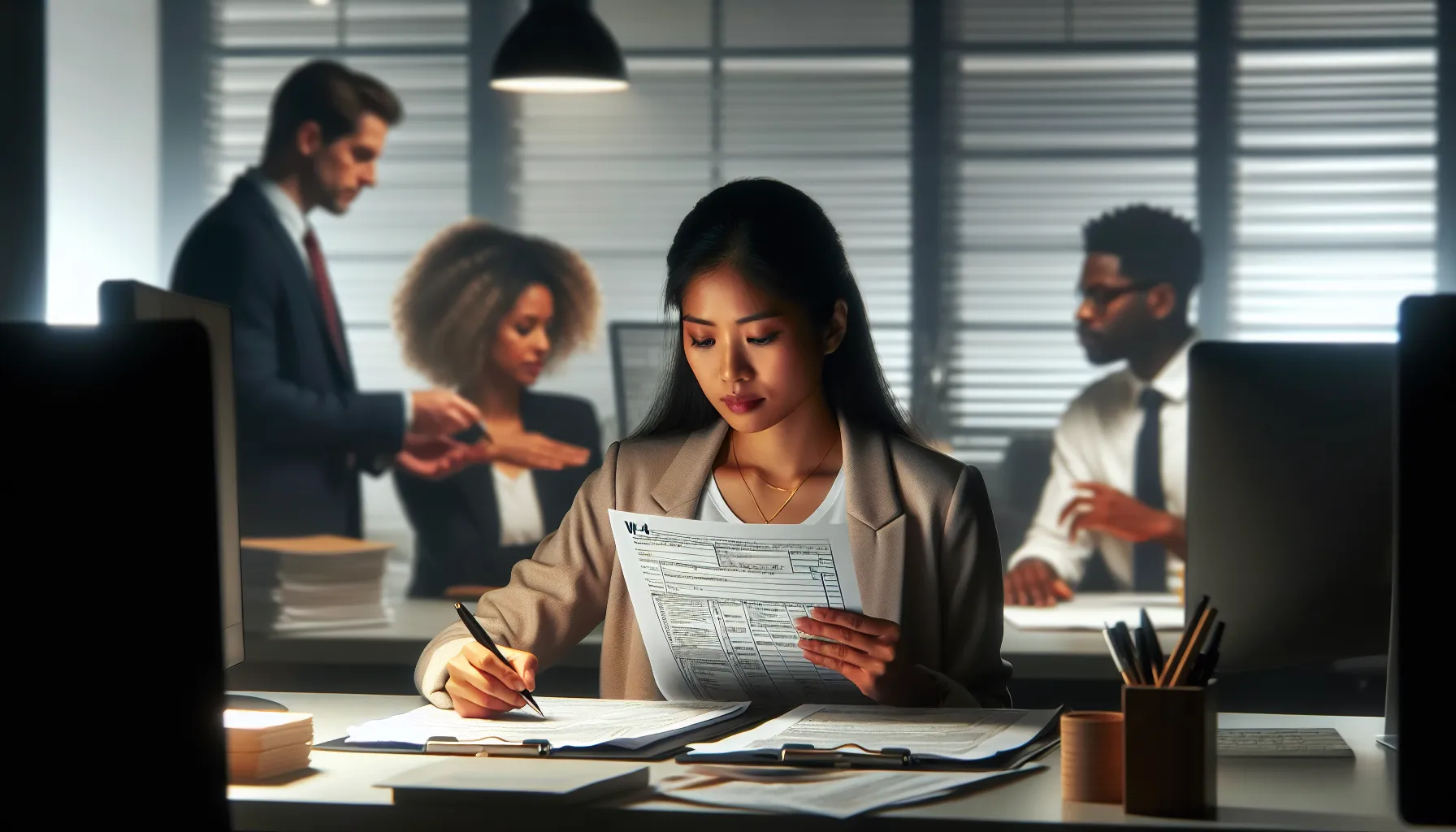 Employees and HR personnel discussing W-4 and W-2 tax forms in an office.