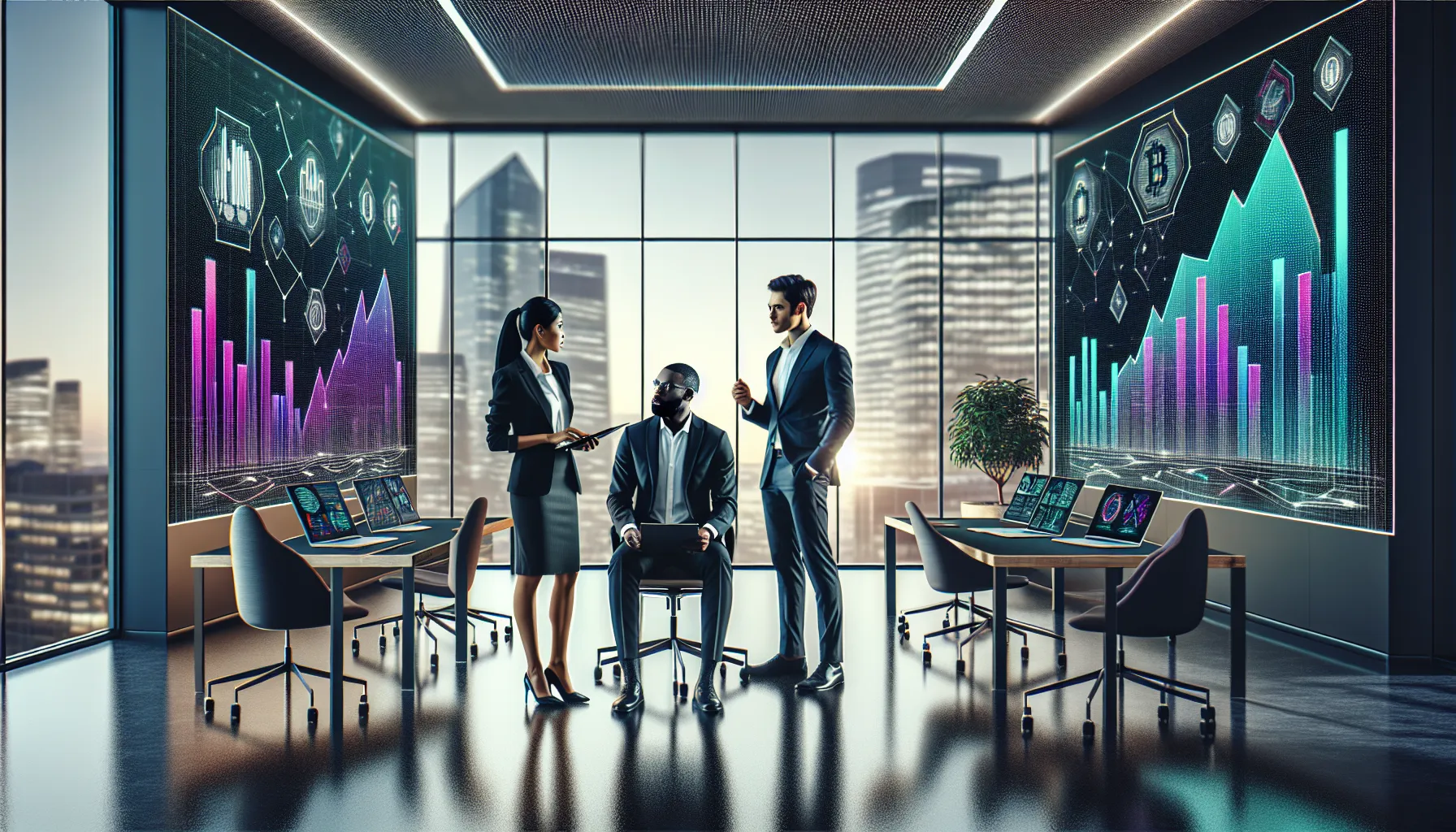 Professionals analyzing Solana performance metrics on digital dashboard in modern UK office.