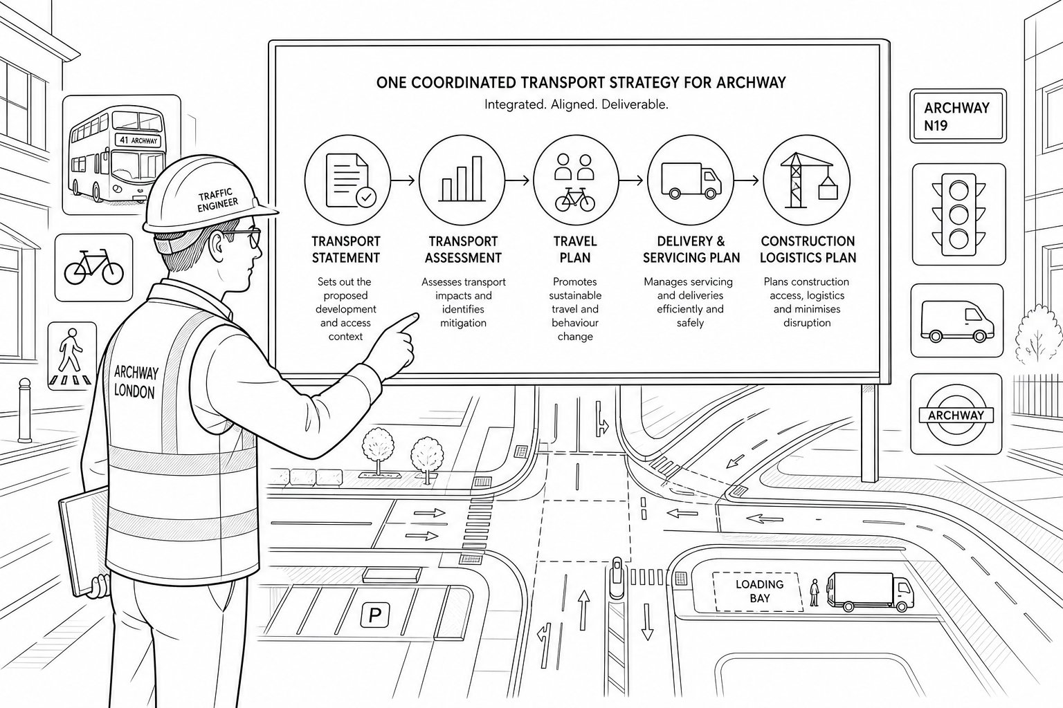 Traffic engineer coordinating transport reports for an urban development scheme.