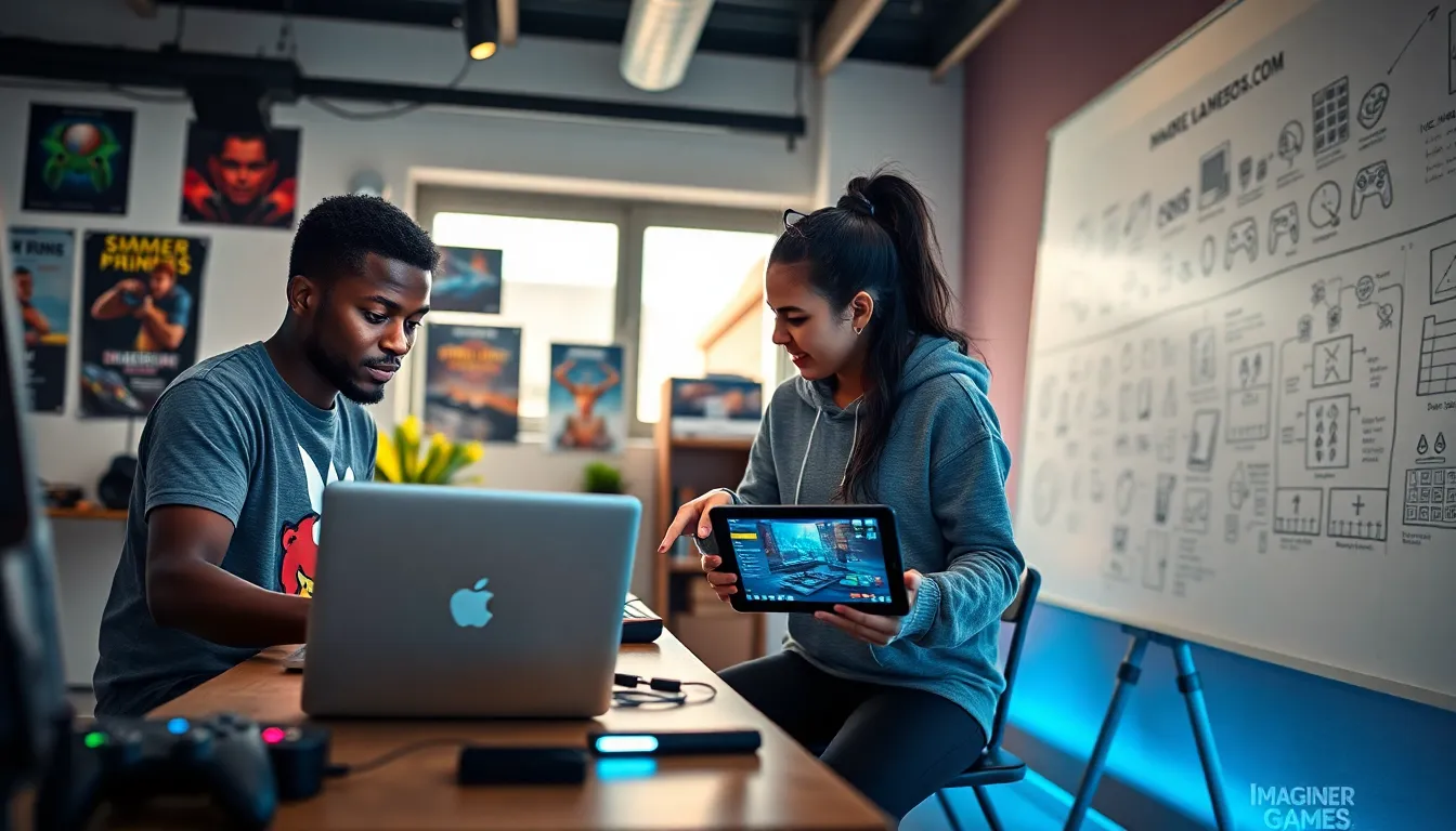 a diverse group collaborating on game design in a colorful tech workspace.