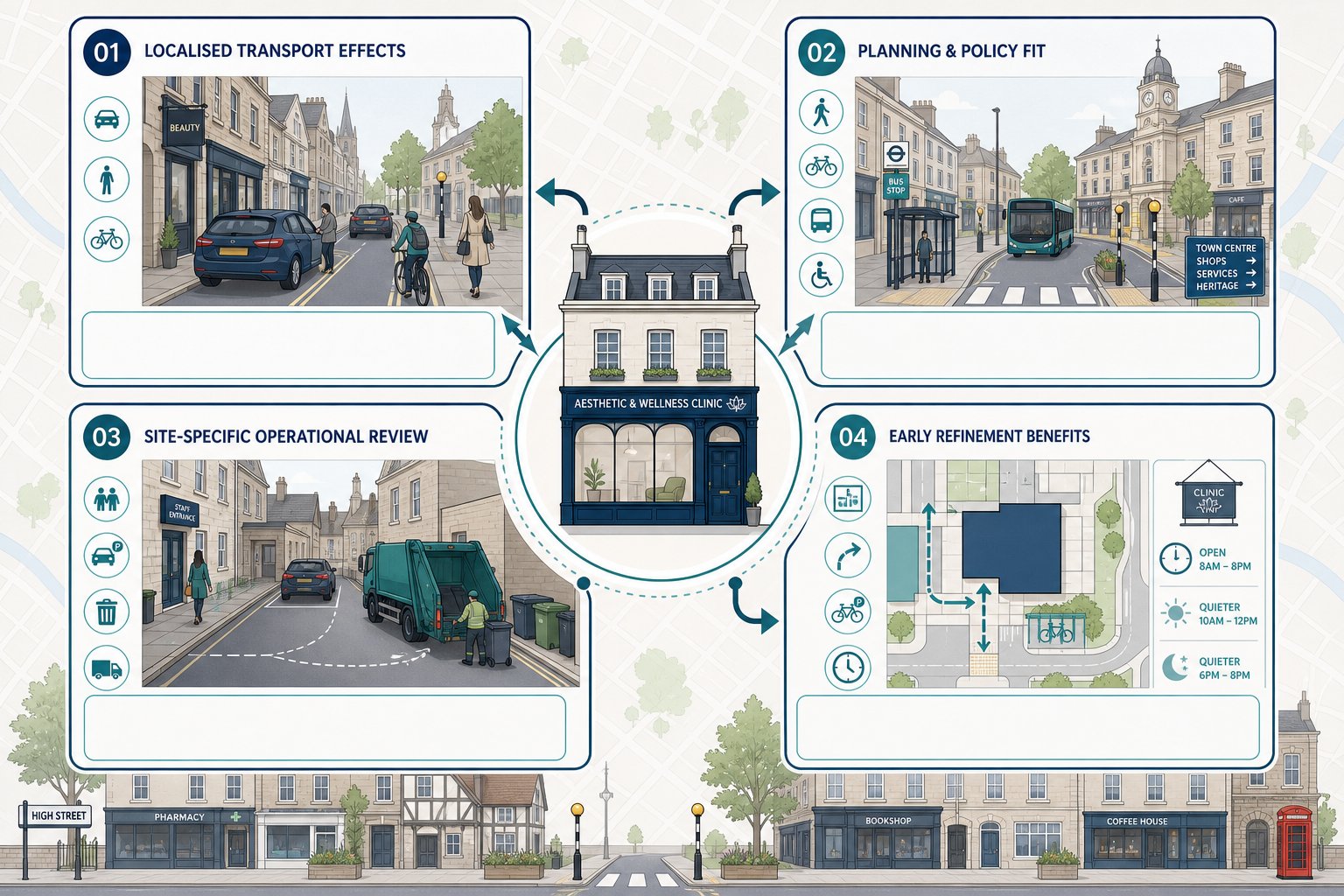 Infographic of transport assessment factors for a beauty clinic on a UK high street.