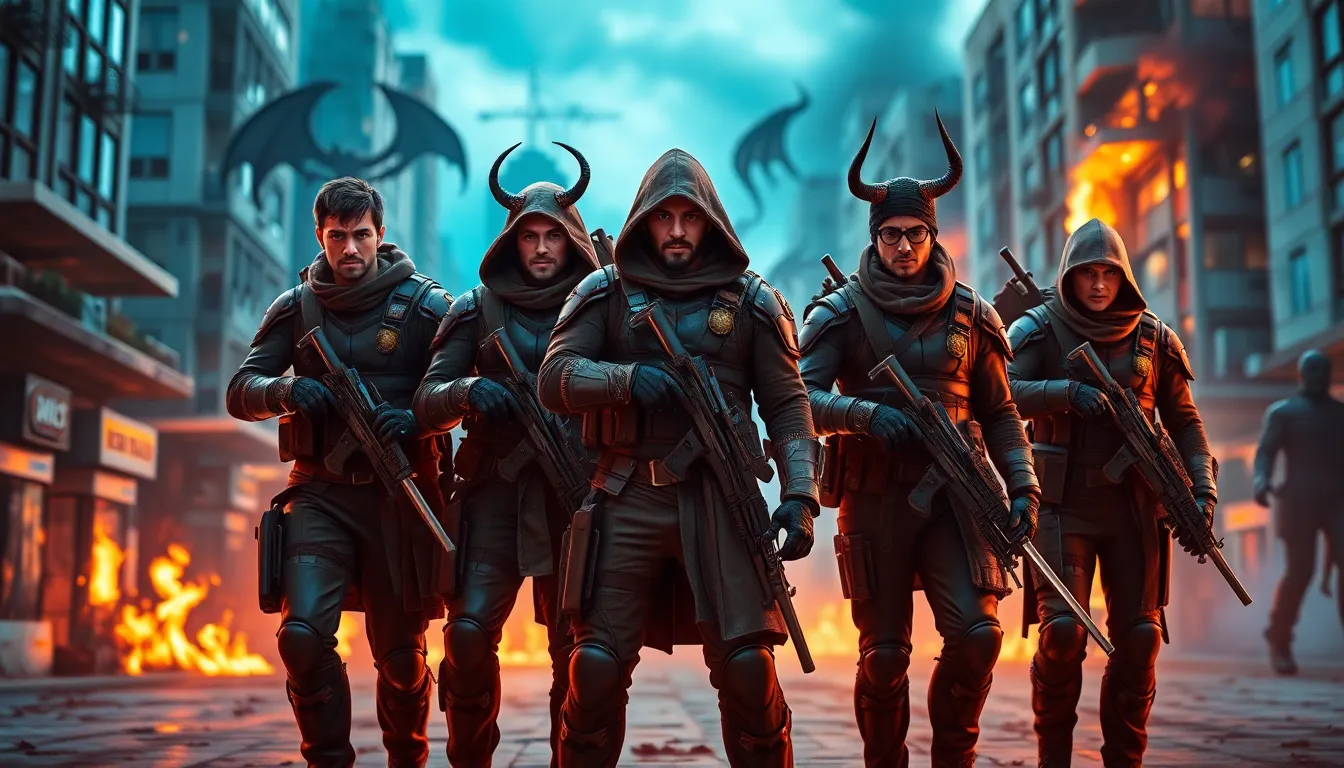 diverse group of daemonhunters ready for battle in a modern urban setting.