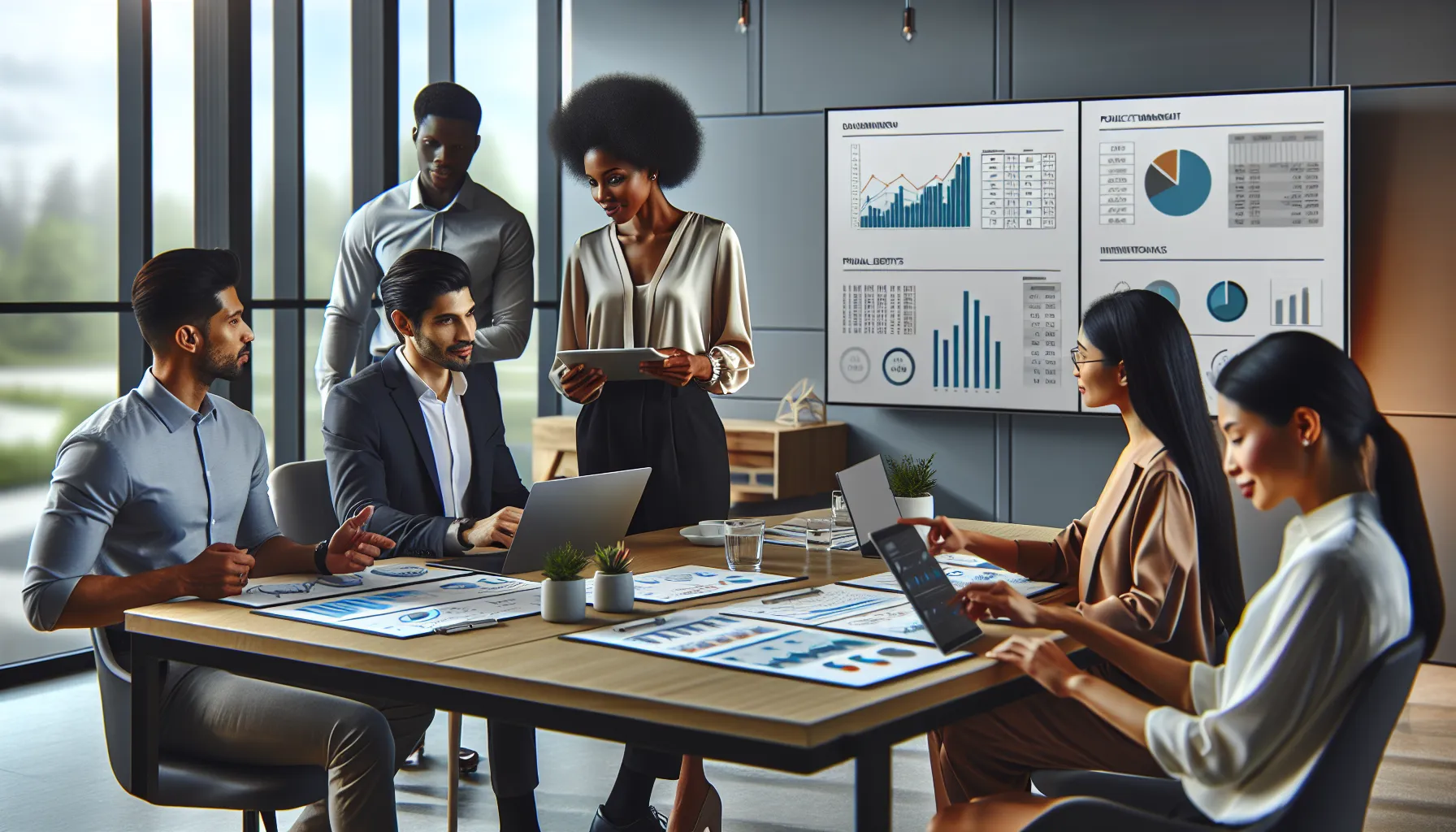 diverse team discussing software applications in a modern office setting.
