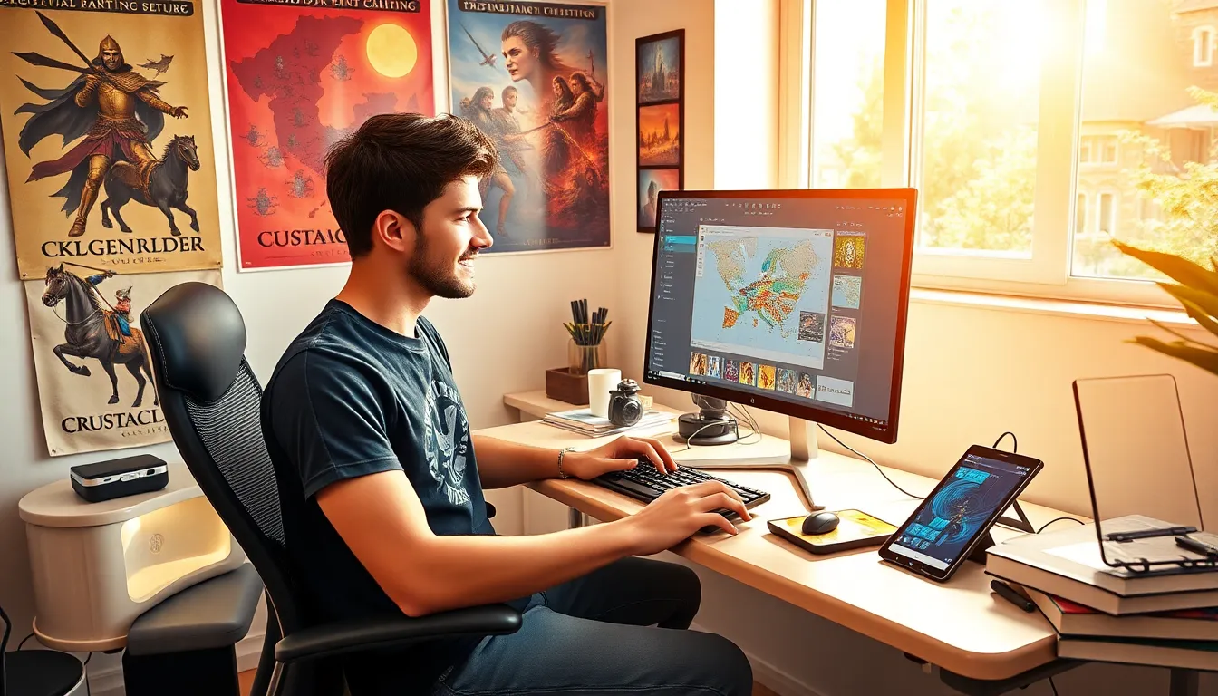 A young man using CK2Generator for character creation in a gaming setup.