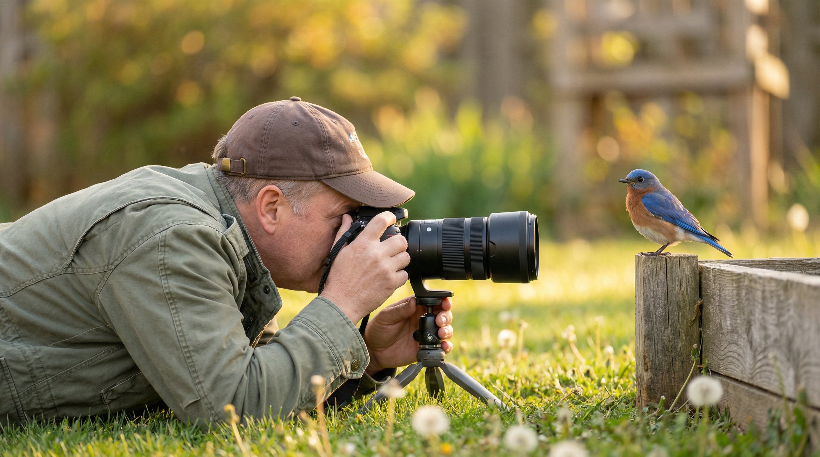Photographer lying on grass at eye level photographing a bluebird on a fence post.
