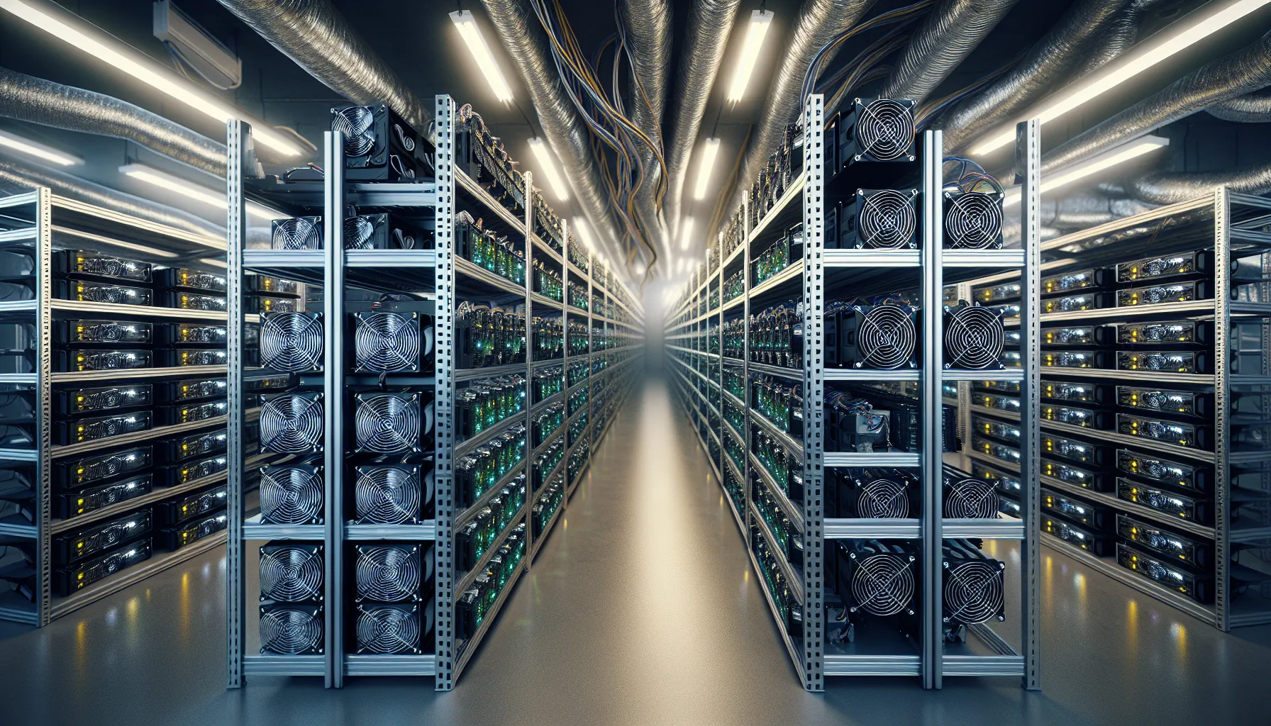 Bitcoin mining rigs with LED lights in an industrial facility warehouse.