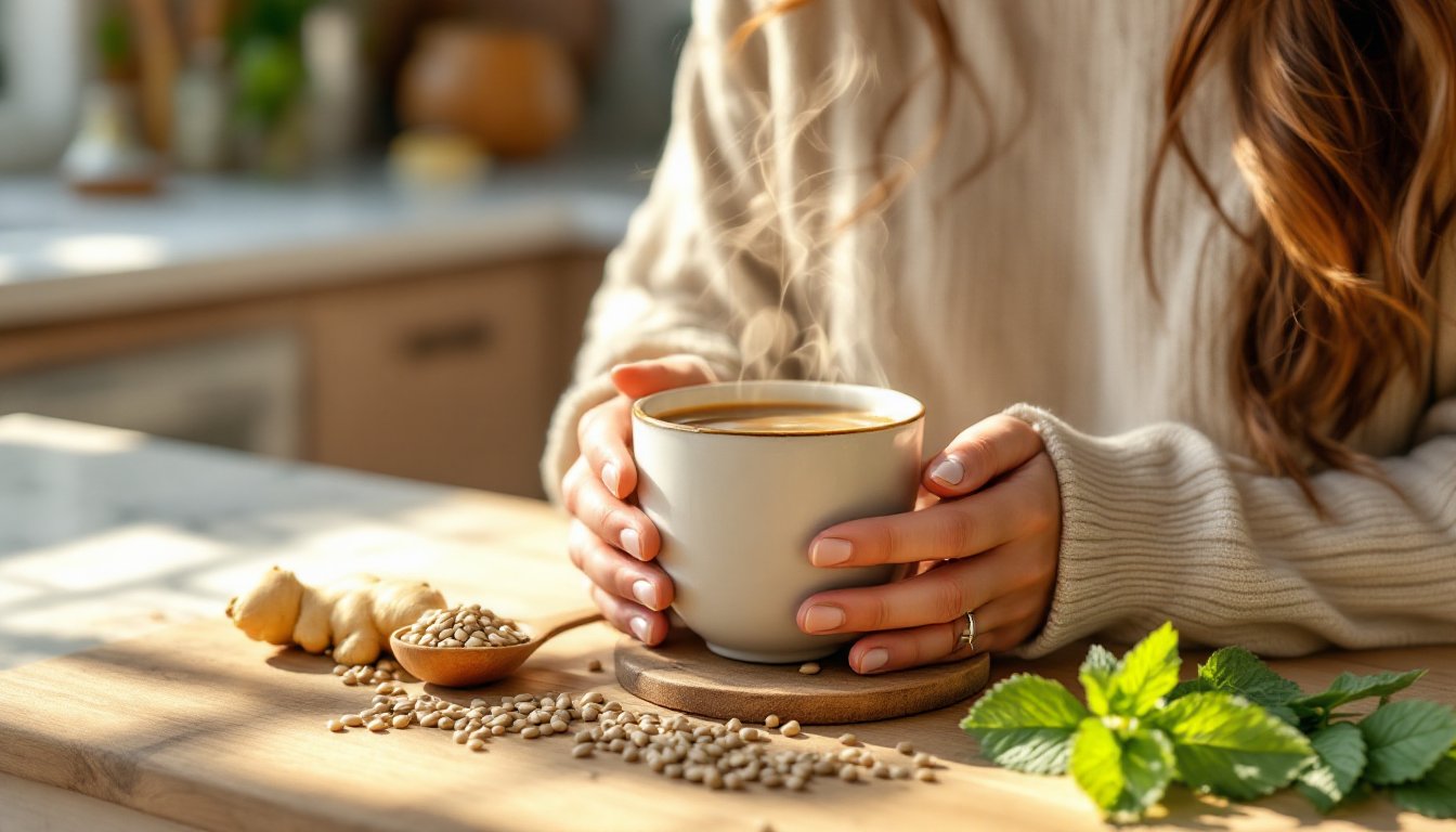 A woman sipping warm fennel tea with ginger and peppermint herbs nearby.