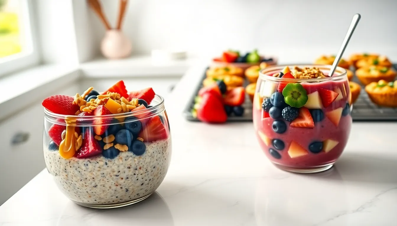 variety of quick breakfast recipes displayed in a modern kitchen.