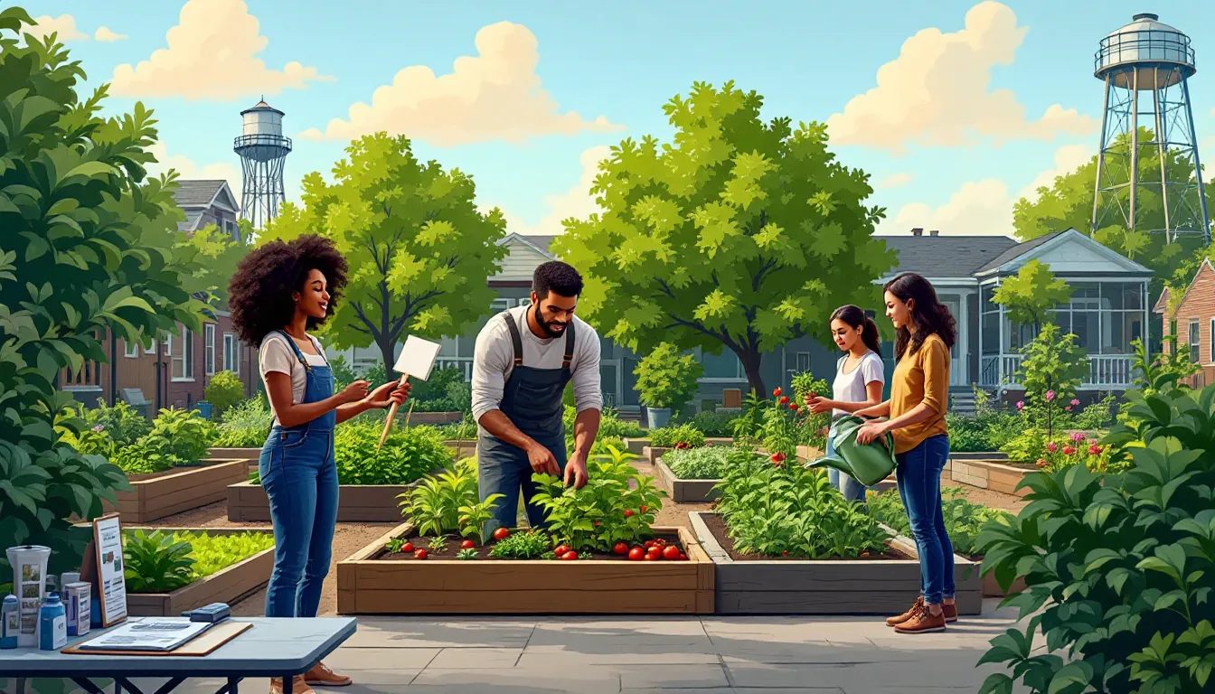 Community members working together in an urban garden on a vacant city lot.