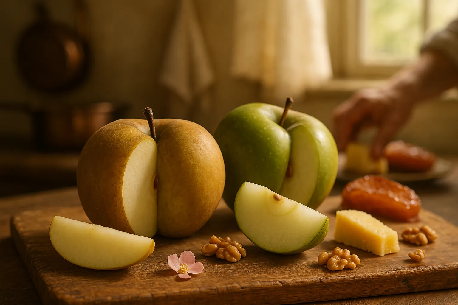 Two heritage apples on a board: a russet and a greenish-bronze slice.