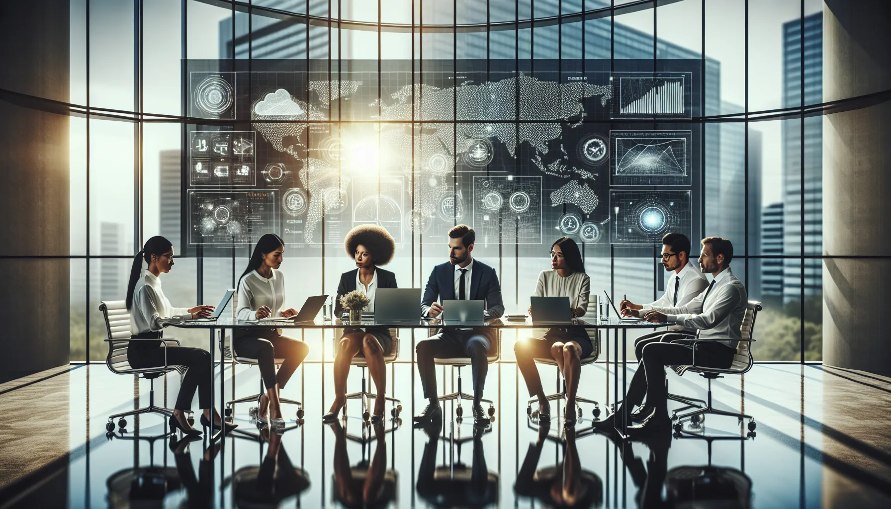 diverse professionals collaborating on future trends in a modern office.