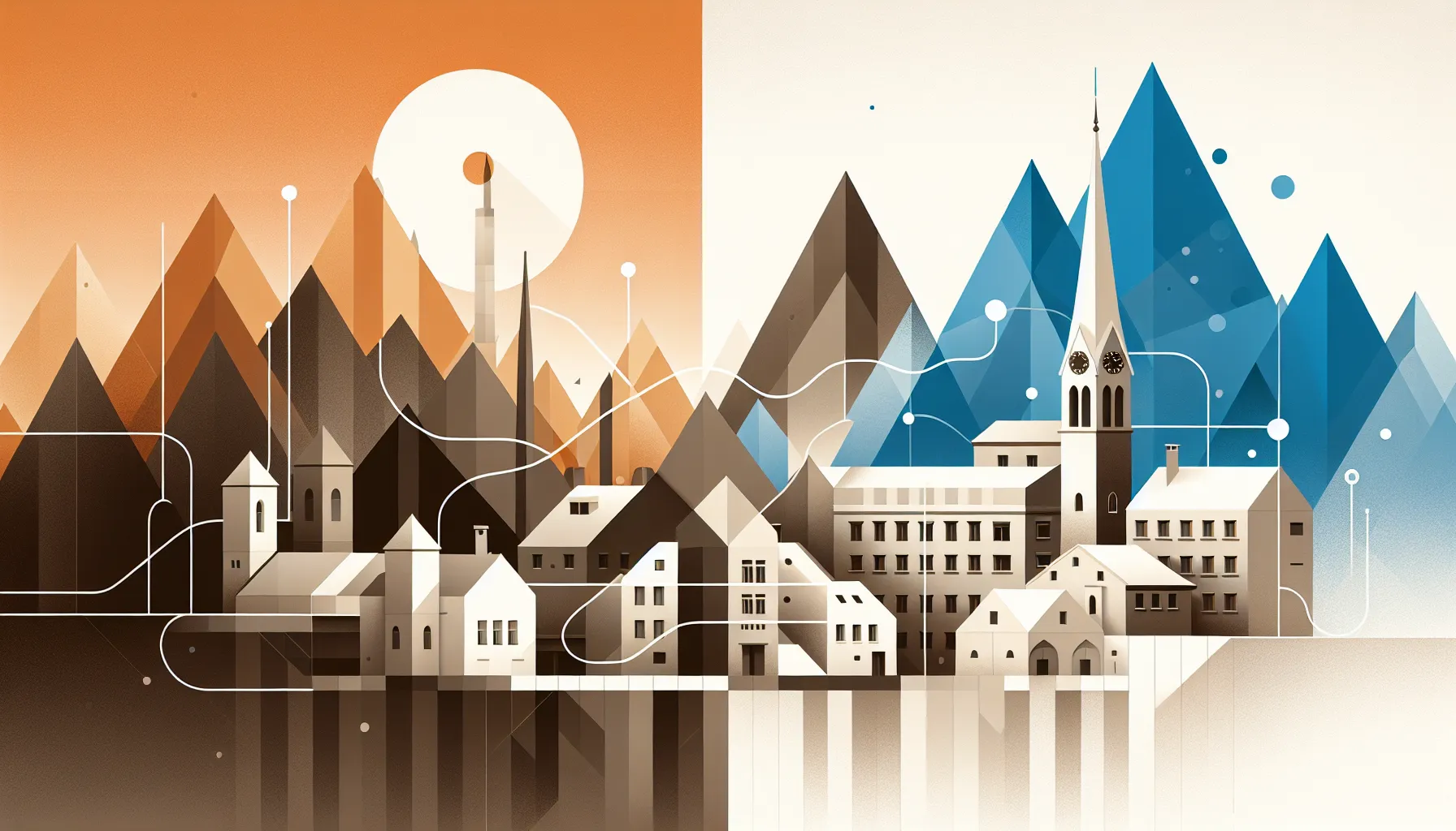 Split view of Zagreb cityscape and Swiss sanatorium connected by a timeline.