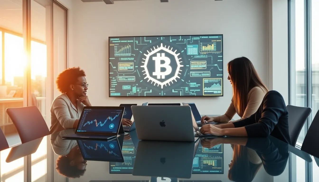 diverse professionals discussing Bitclassic blockchain technology in an office.