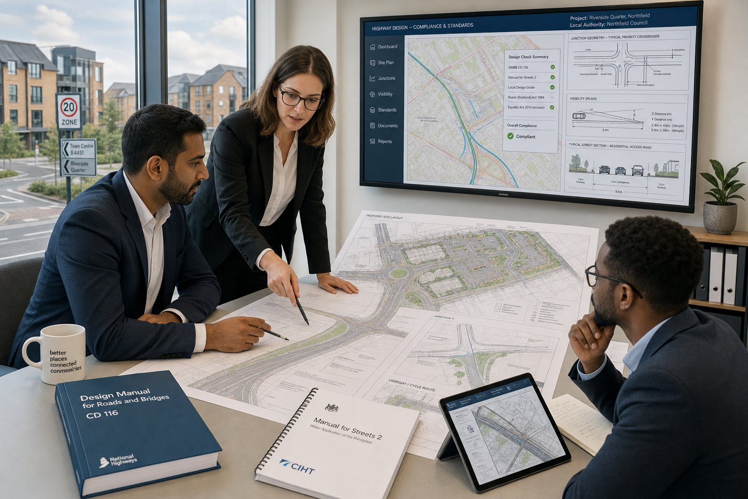 Highway design consultants reviewing UK road and street plans in an office.