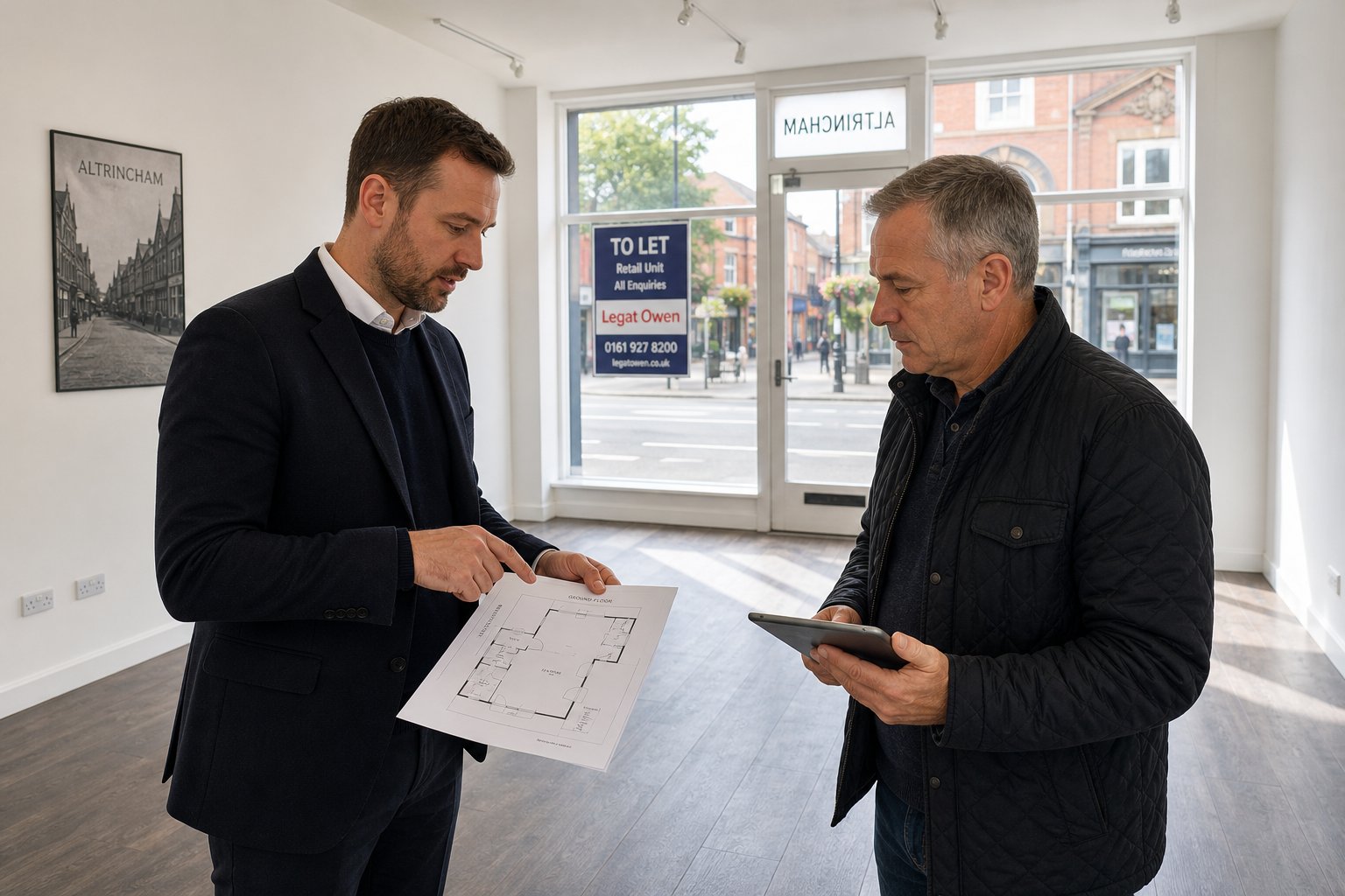 Broker and landlord inspecting a vacant retail unit while discussing commercial mortgage options.